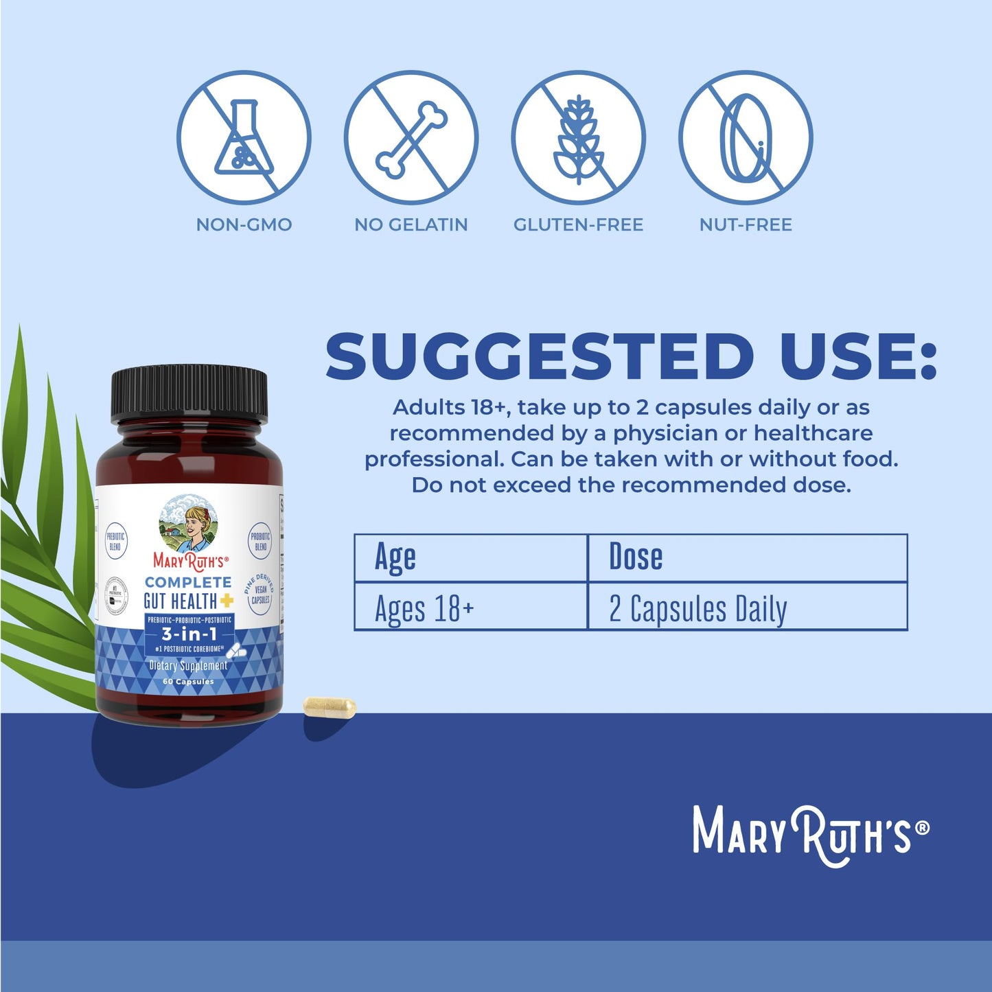 MaryRuth’s Complete Gut Health+ Capsules | 5-Probiotic Blend + Corebiome® Butyrate | Vegan GI Support | 30 Servings