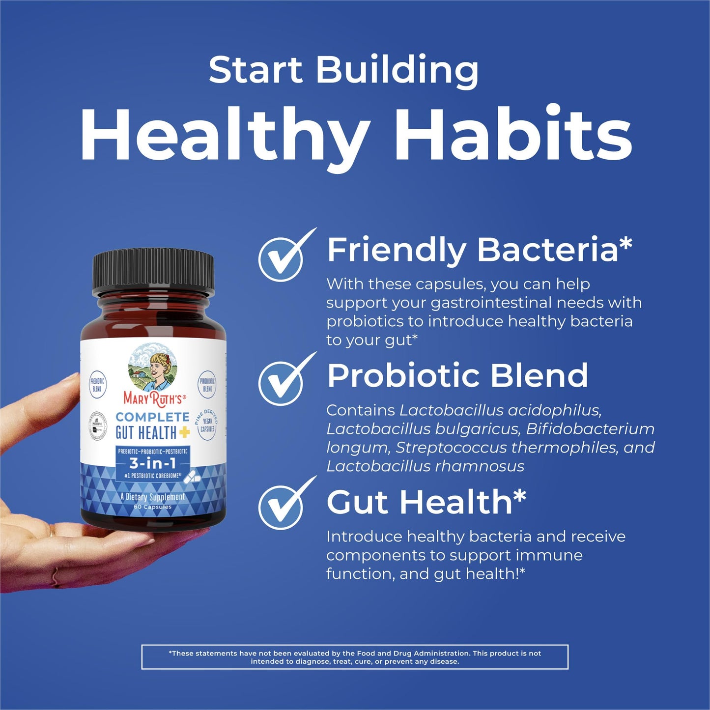 MaryRuth’s Complete Gut Health+ Capsules | 5-Probiotic Blend + Corebiome® Butyrate | Vegan GI Support | 30 Servings