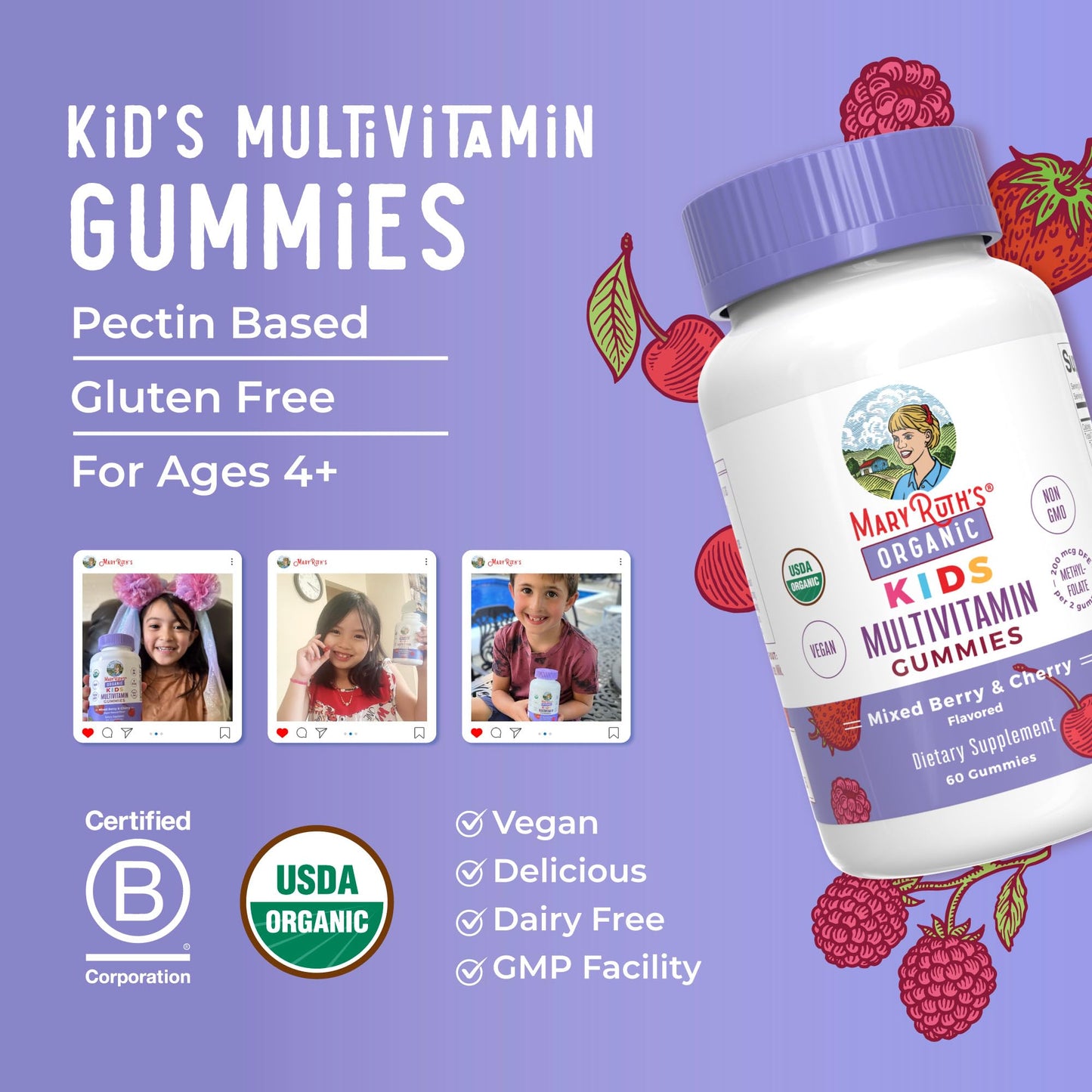 MaryRuth Organics Kids Multivitamin Gummies | 60 Count | Vegan | For Ages 4+ | 2 Gummies Daily