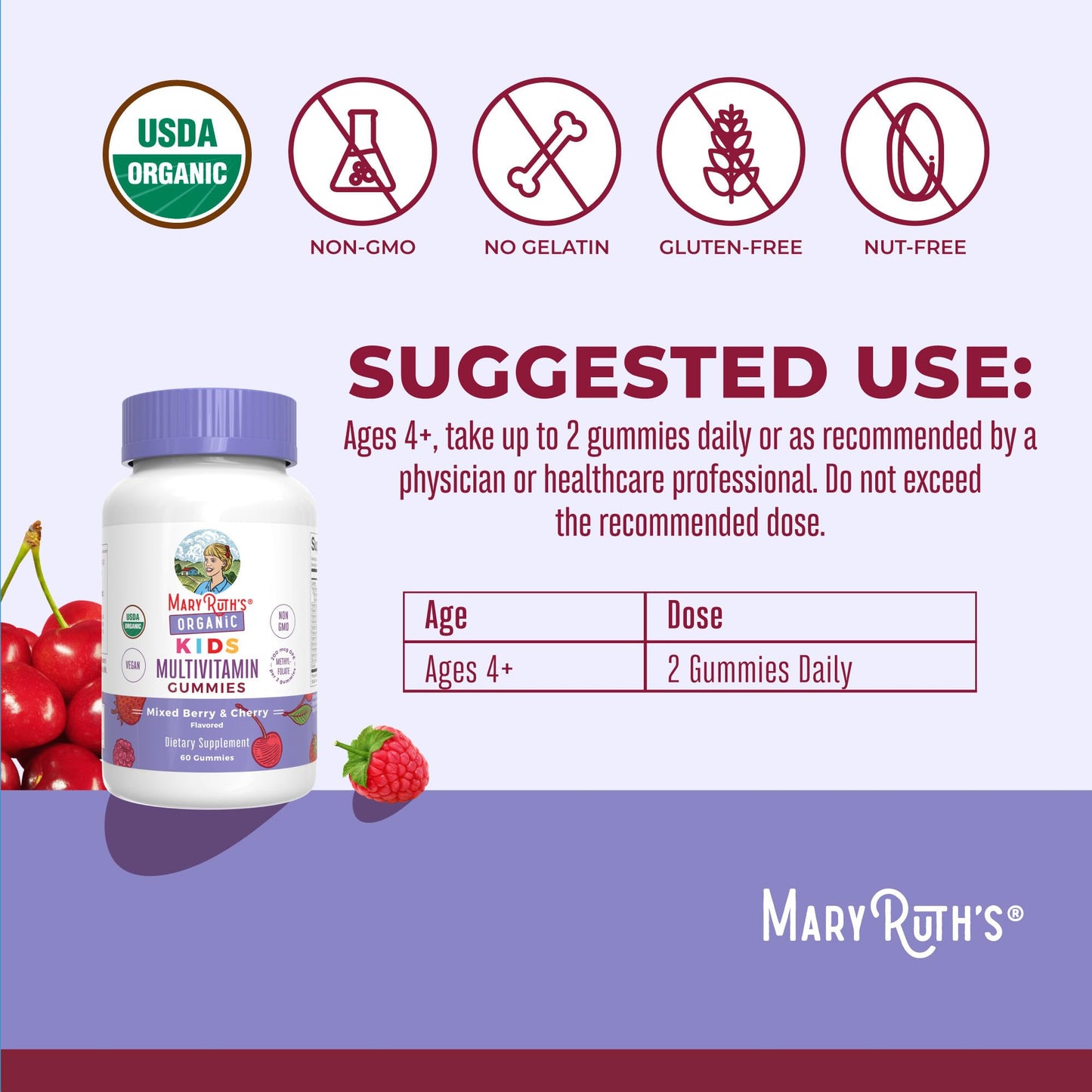 MaryRuth Organics Kids Multivitamin Gummies | 60 Count | Vegan | For Ages 4+ | 2 Gummies Daily