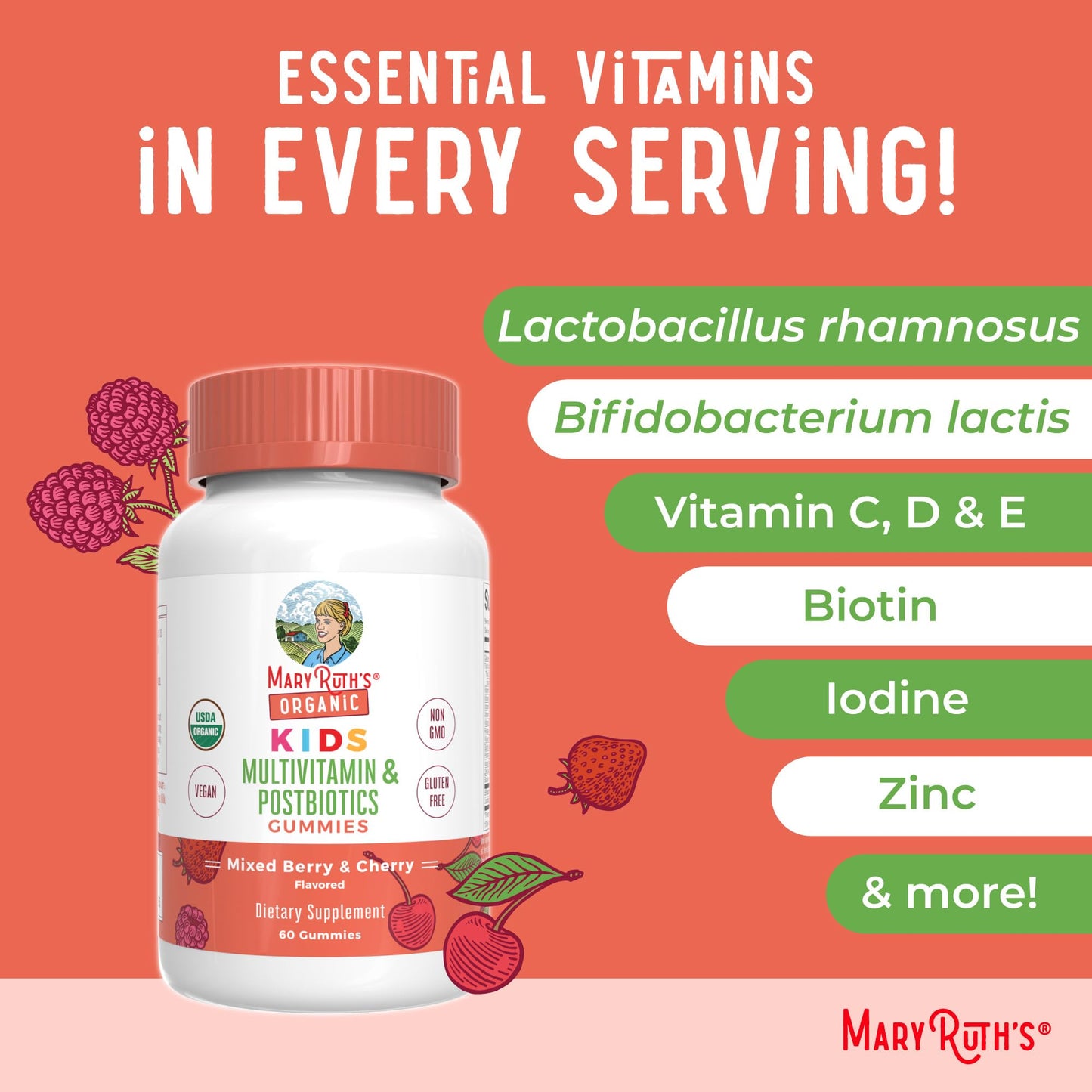 MaryRuth Organics Kids Vitamins – USDA Organic Multivitamin Gummies with Postbiotics (Ages 4+) | Vegan, Non-GMO | 60 Count