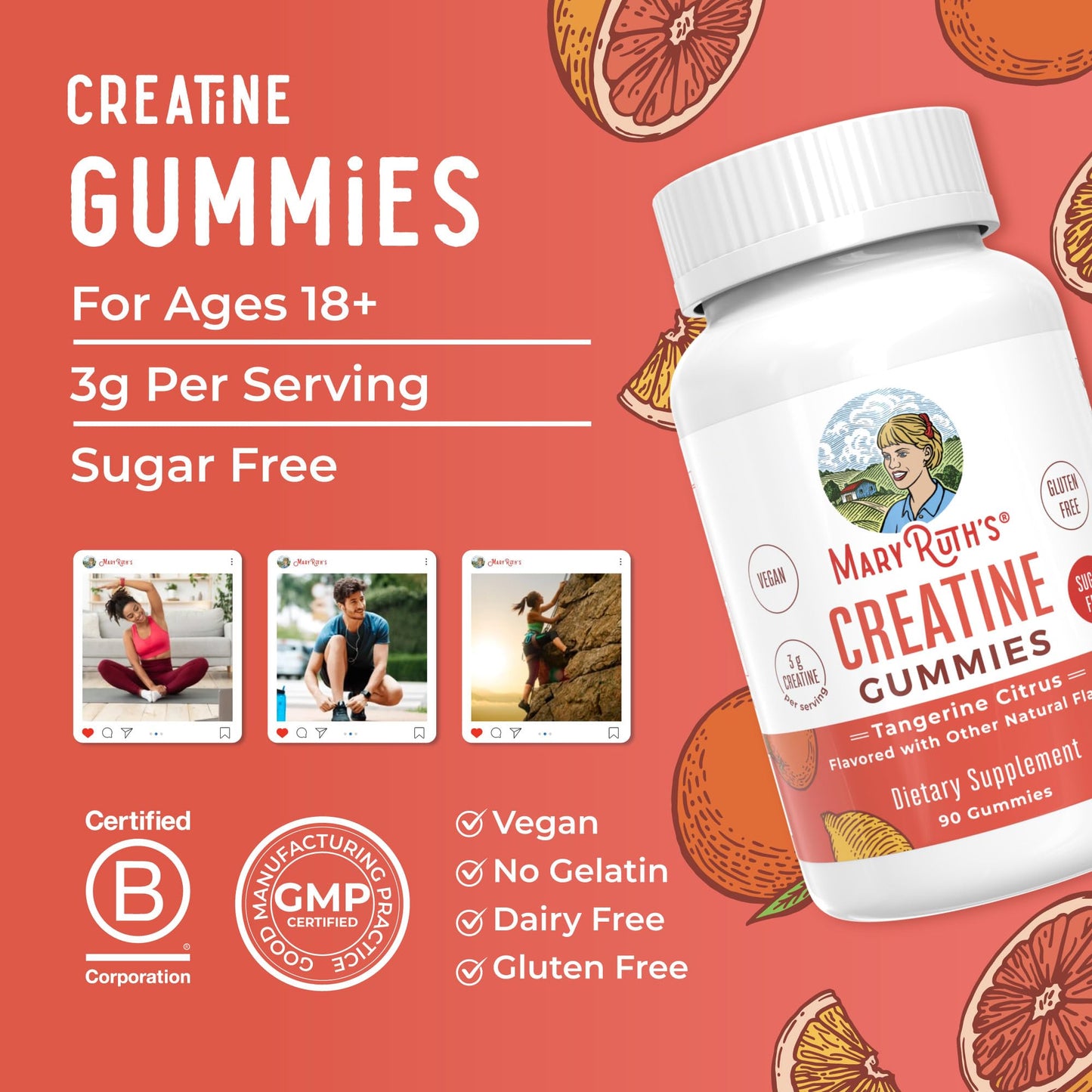 MaryRuth Organic Creatine Gummies – 3g per Serving, Vegan & Sugar Free, Tangerine Citrus