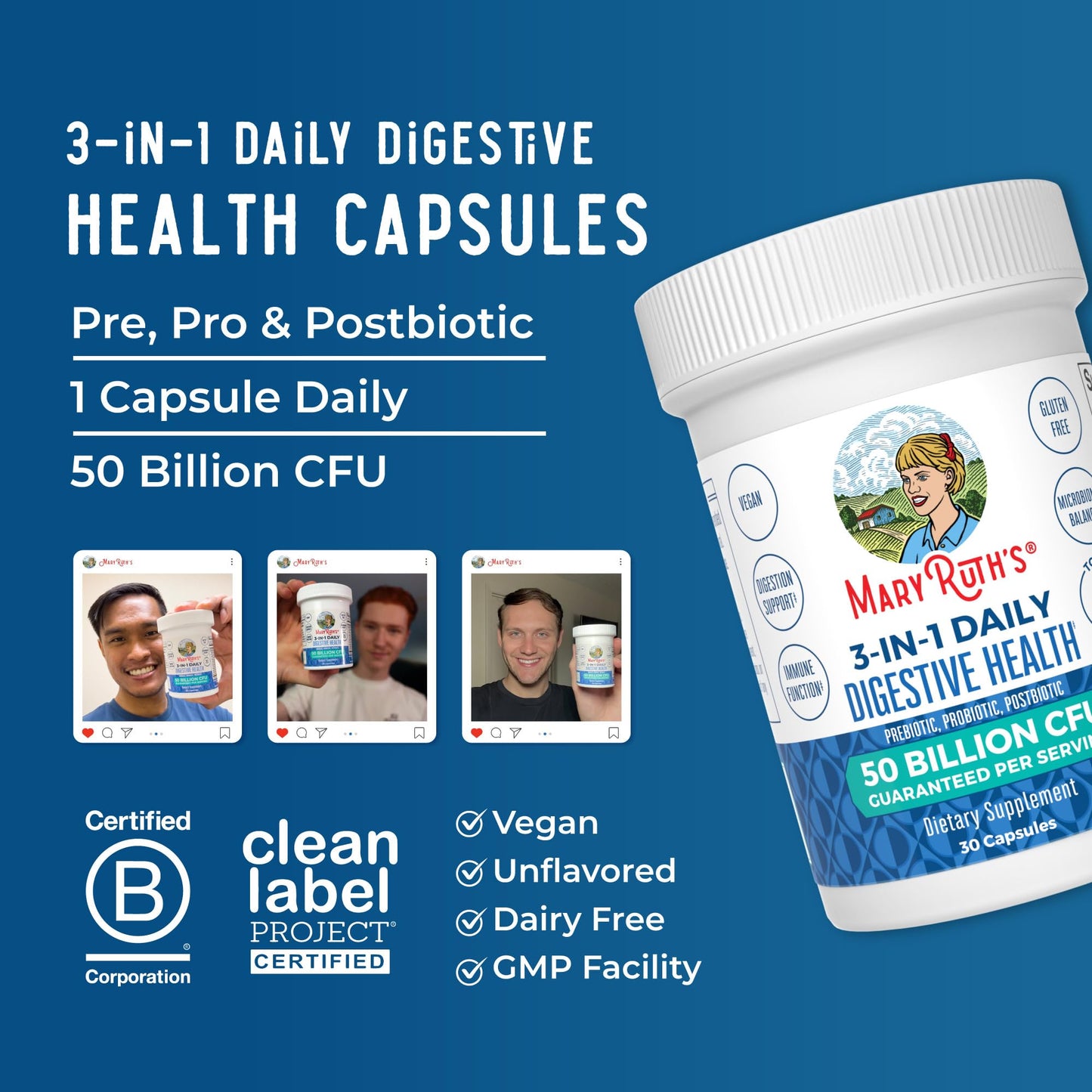 MaryRuth Organics 3-in-1 Probiotics for Digestive Health | 50B CFU, 23 Strains, Vegan