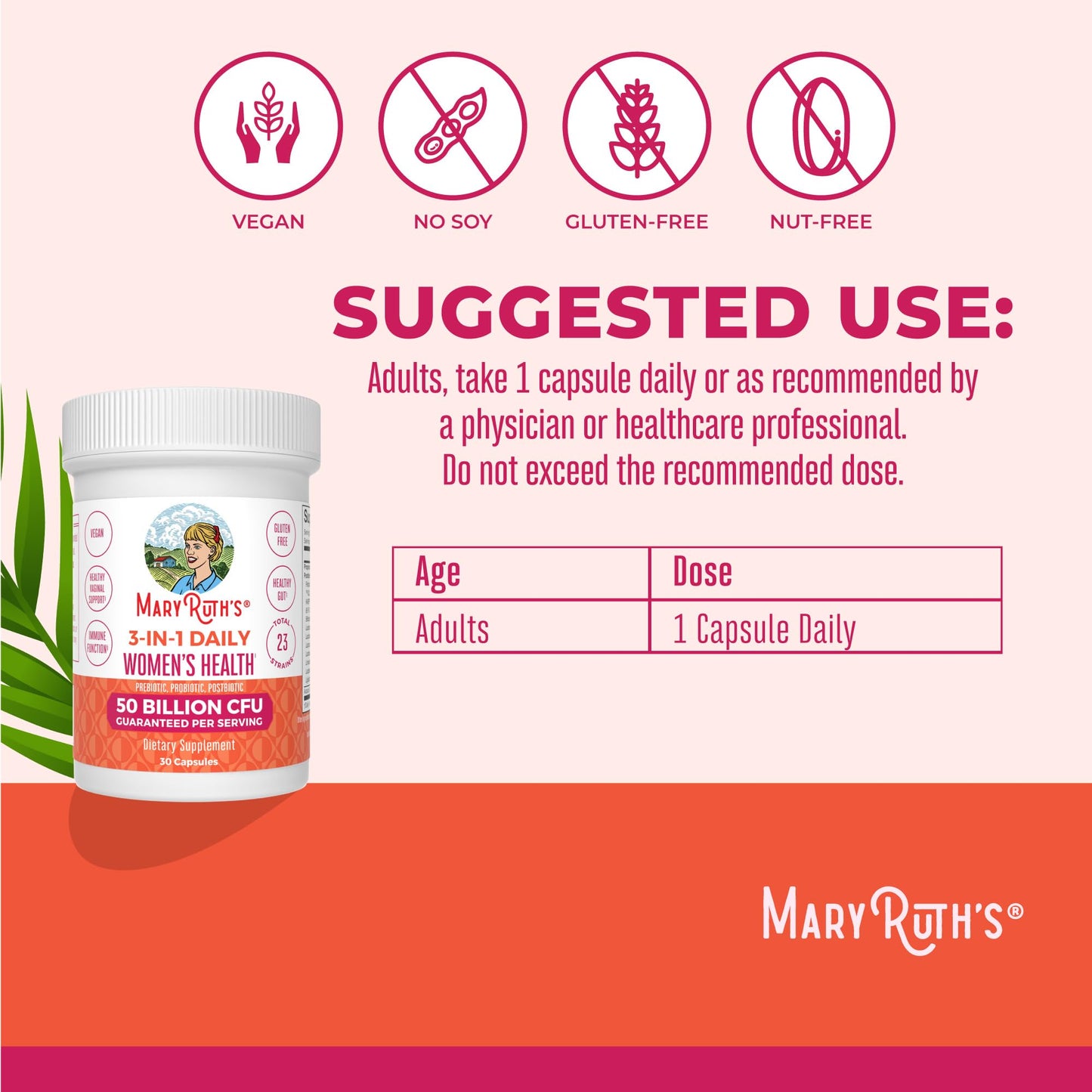 MaryRuth Organics 3-in-1 Daily Health Probiotics for Women | 50B CFU, 23 Strains, Vegan | 30 Count