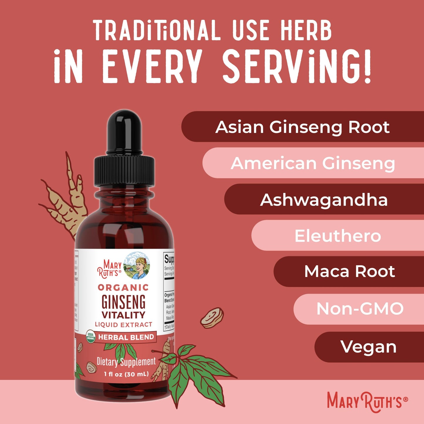 MaryRuth Organics Herbal Brain Function Supplement | Ginseng with Ashwagandha | USDA | 1 Fl Oz