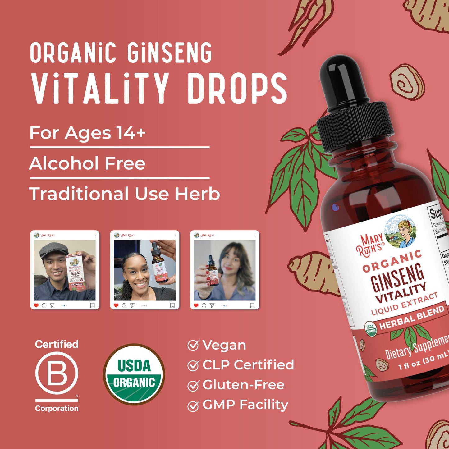MaryRuth Organics Herbal Brain Function Supplement | Ginseng with Ashwagandha | USDA | 1 Fl Oz