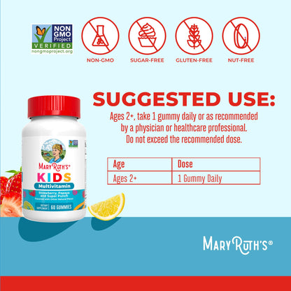 MaryRuth Organics Kids Multivitamin Gummies – 60 Count, Sugar Free, Vegan, Ages 2+, 1 Gummy/Day