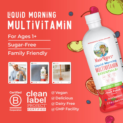 MaryRuth Organics Liquid Morning Multivitamin Essentials+ – Vegan, Sugar Free, 32 oz | Immune & Energy Support