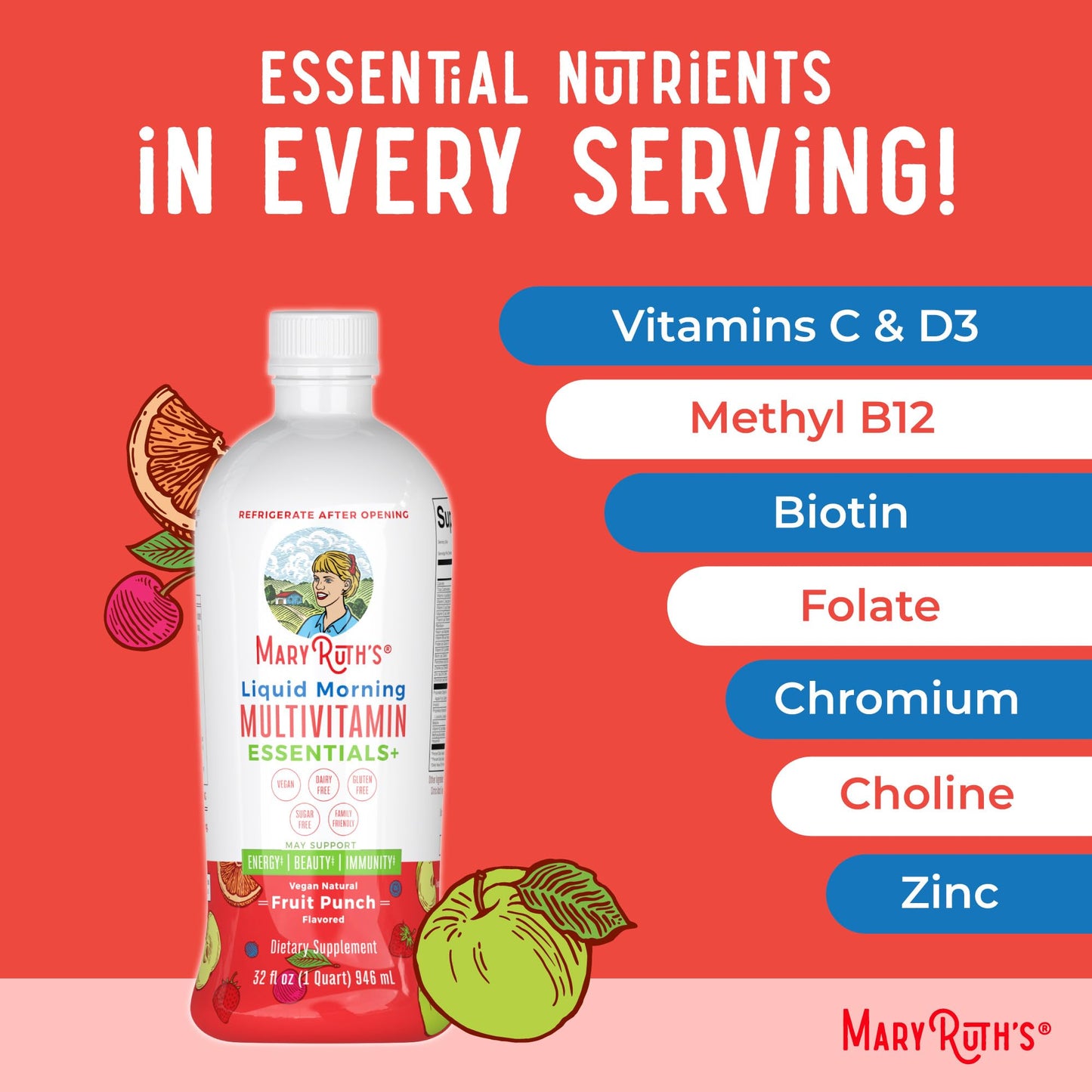 MaryRuth Organics Liquid Morning Multivitamin Essentials+ – Vegan, Sugar Free, 32 oz | Immune & Energy Support