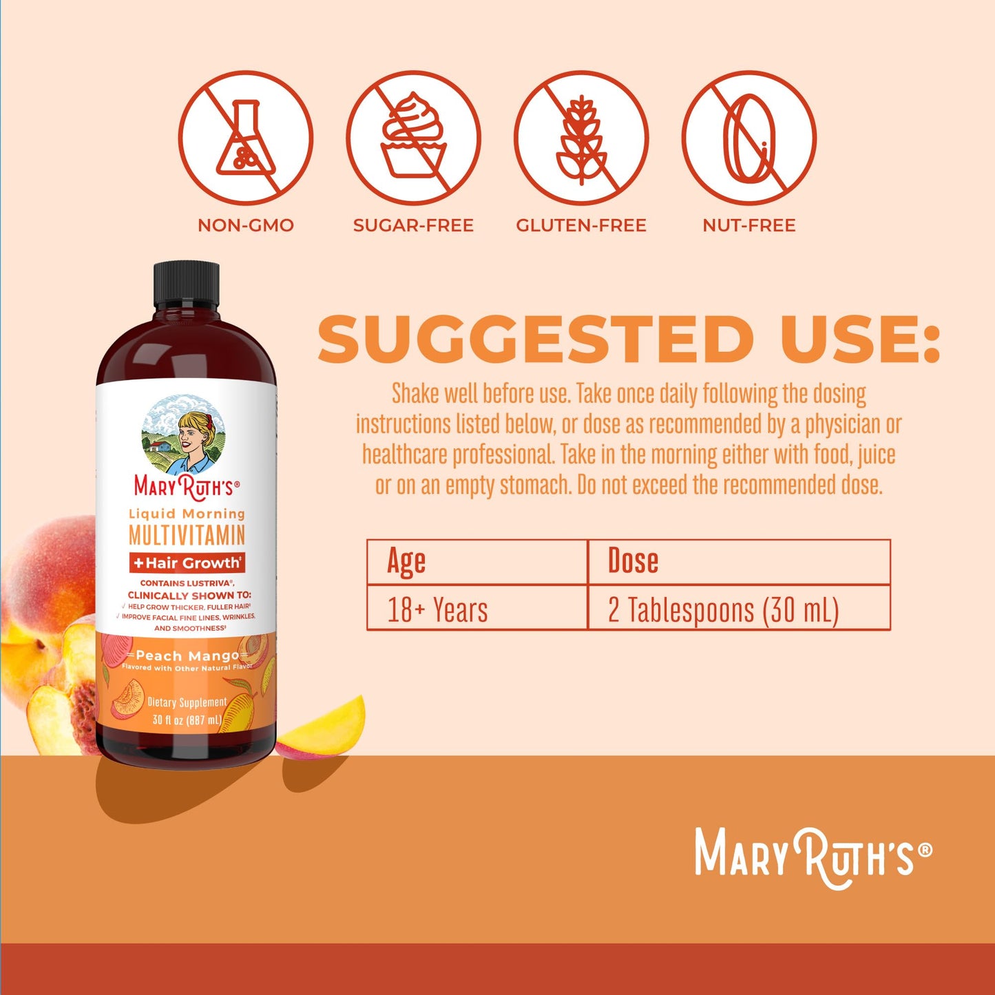 MaryRuth Organics Liquid Multivitamin + Hair Growth with Lustriva – Thicker Hair, Smoother Skin | Biotin 10000mcg | 30 Fl Oz