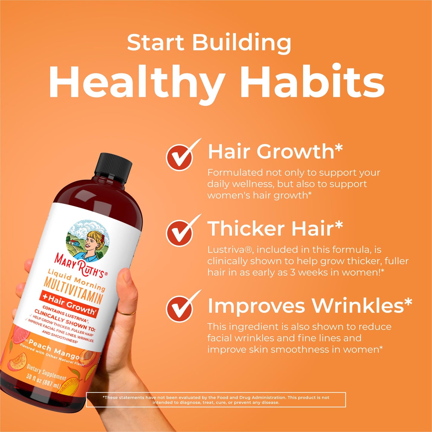 MaryRuth Organics Liquid Multivitamin + Hair Growth with Lustriva – Thicker Hair, Smoother Skin | Biotin 10000mcg | 30 Fl Oz
