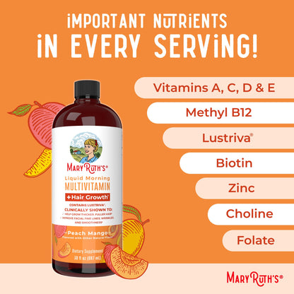 MaryRuth Organics Liquid Multivitamin + Hair Growth with Lustriva – Thicker Hair, Smoother Skin | Biotin 10000mcg | 30 Fl Oz