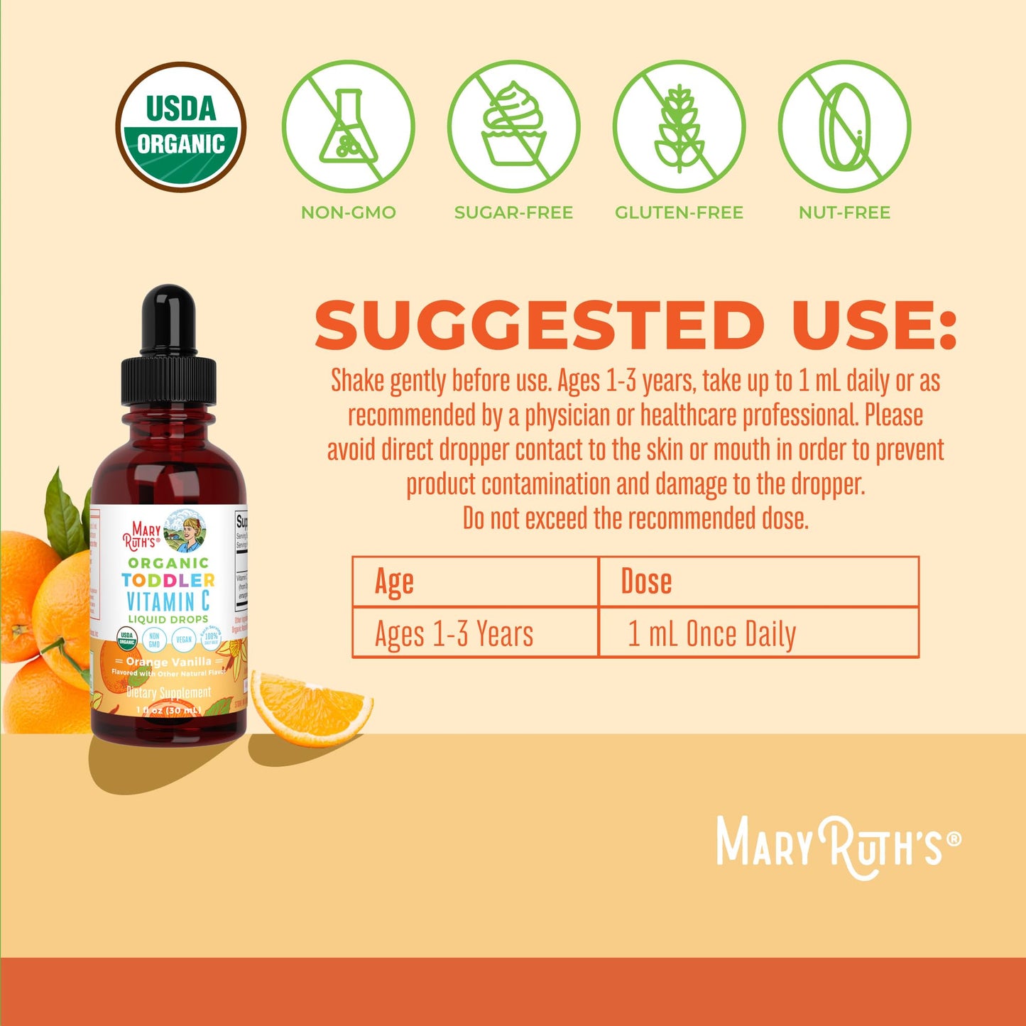MaryRuth Organics Toddler Vitamin C Drops | USDA Organic Vitamin C for Ages 1-3 | Immune Support & Overall Health | Vegan | Non-GMO | Gluten Free | 30 Servings