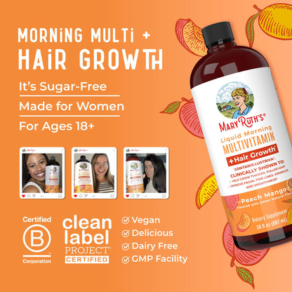 MaryRuth Organics Liquid Multivitamin + Hair Growth with Lustriva – Thicker Hair, Smoother Skin | Biotin 10000mcg | 30 Fl Oz