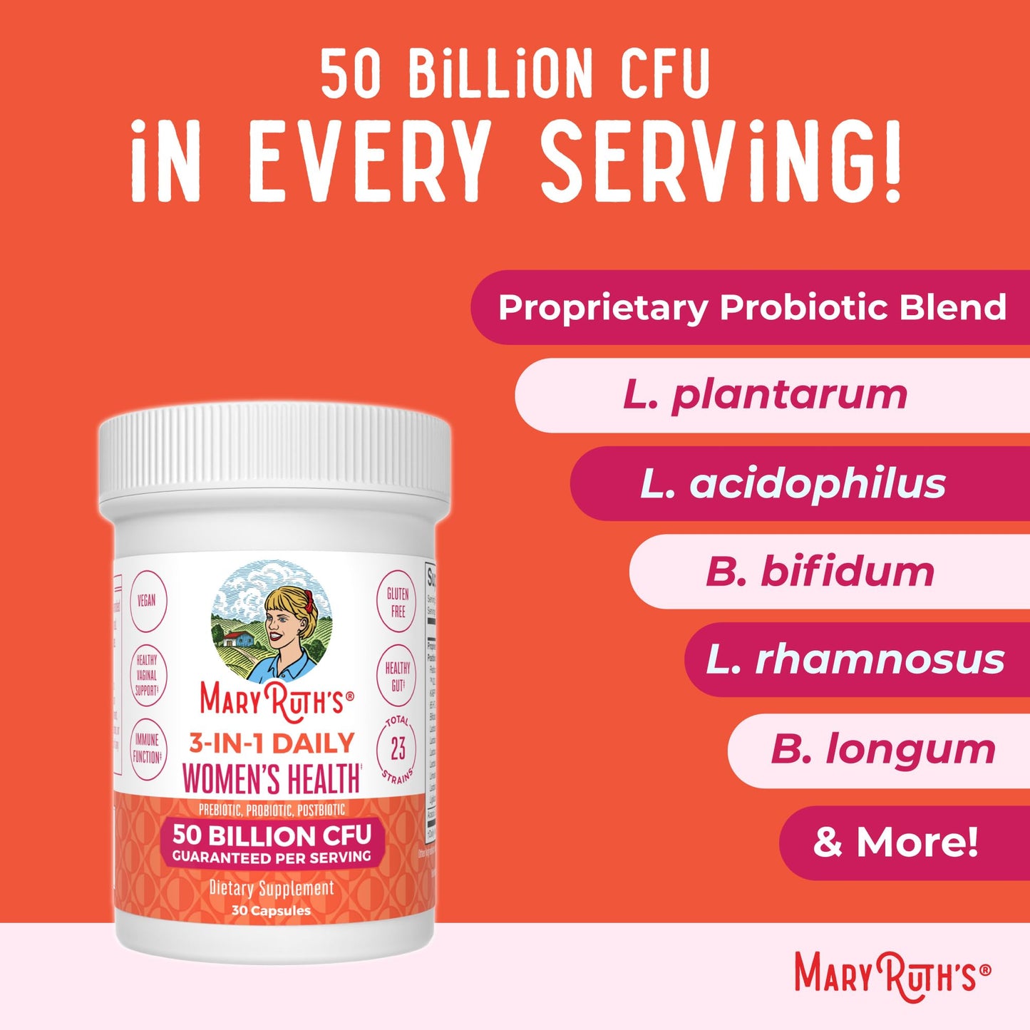 MaryRuth Organics 3-in-1 Daily Health Probiotics for Women | 50B CFU, 23 Strains, Vegan | 30 Count