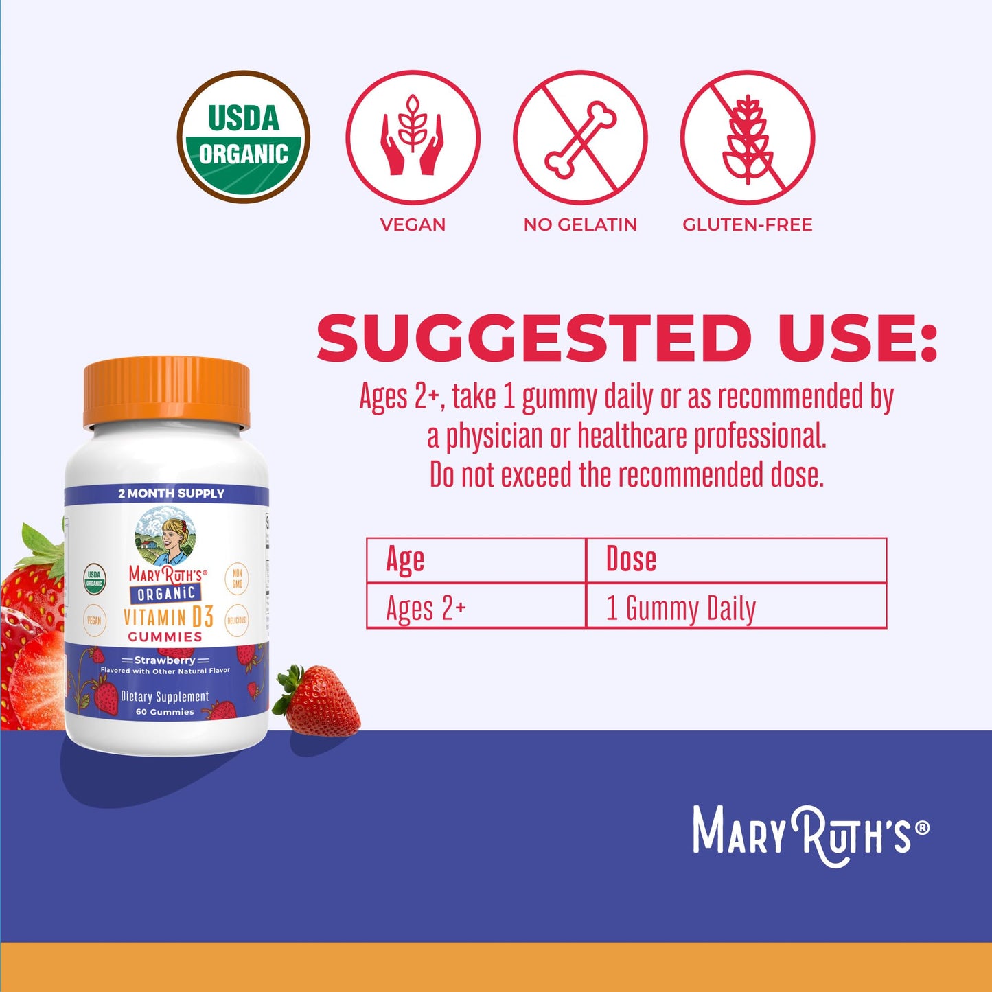 MaryRuth Organics Organic Vitamin D3 Gummies 1000 IU | USDA Organic | 60 Count
