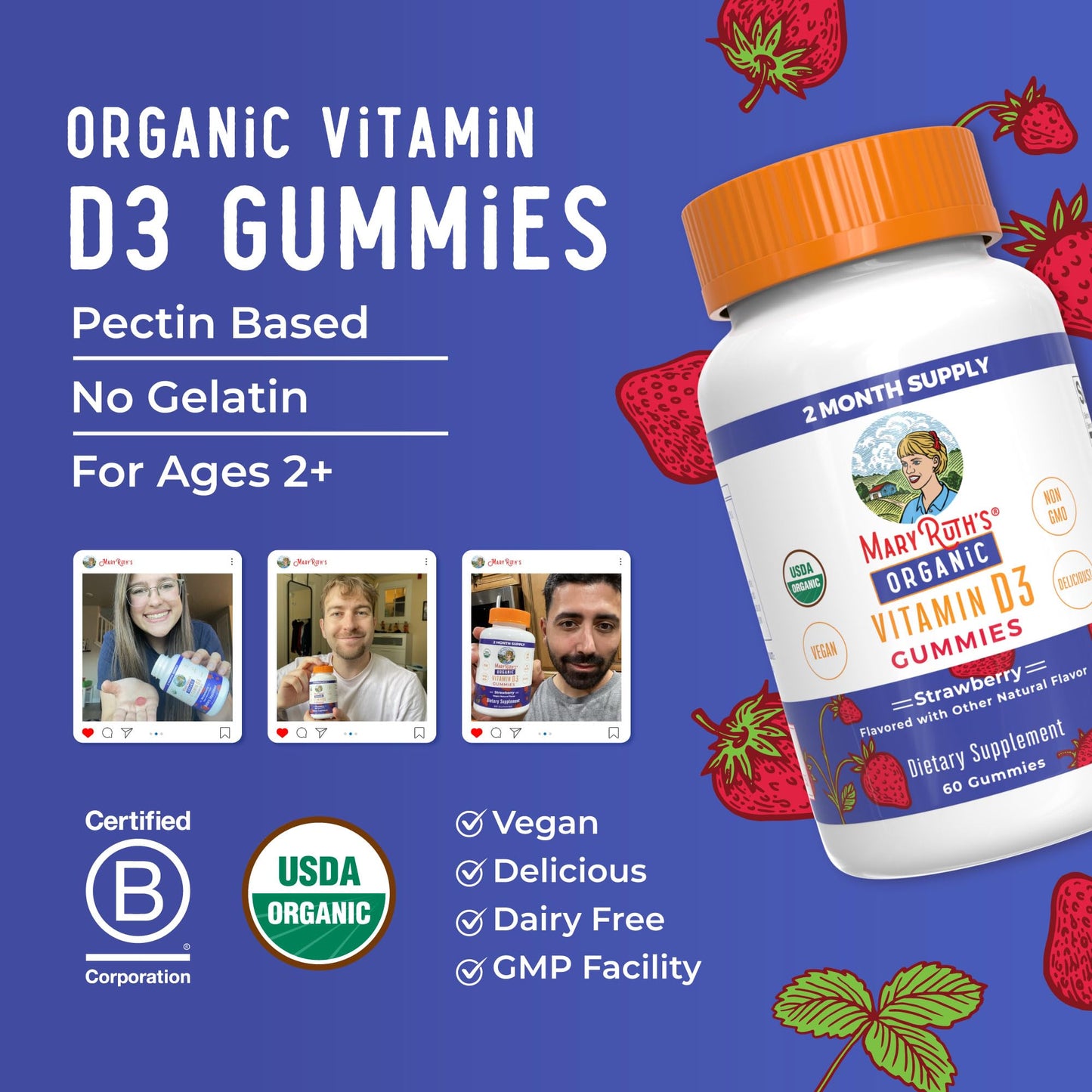 MaryRuth Organics Organic Vitamin D3 Gummies 1000 IU | USDA Organic | 60 Count