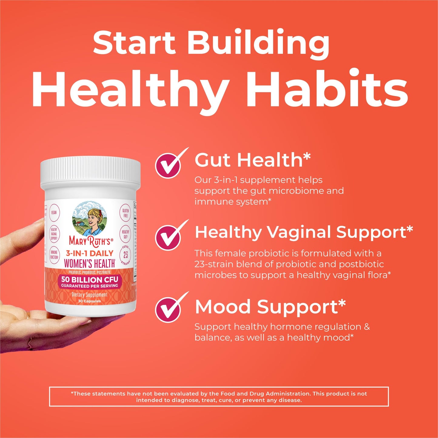 MaryRuth Organics 3-in-1 Daily Health Probiotics for Women | 50B CFU, 23 Strains, Vegan | 30 Count