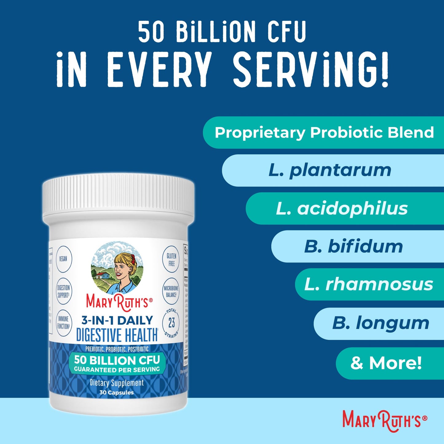 MaryRuth Organics 3-in-1 Probiotics for Digestive Health | 50B CFU, 23 Strains, Vegan