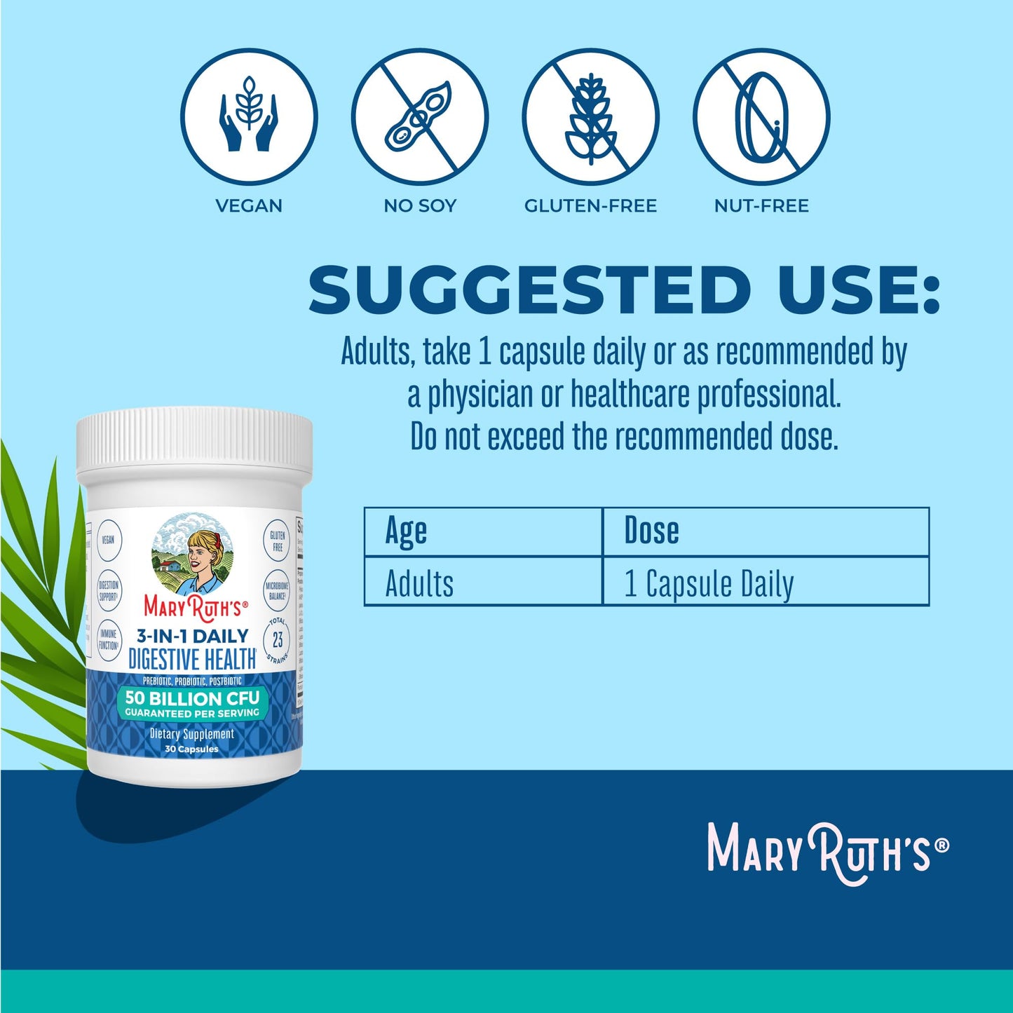 MaryRuth Organics 3-in-1 Probiotics for Digestive Health | 50B CFU, 23 Strains, Vegan