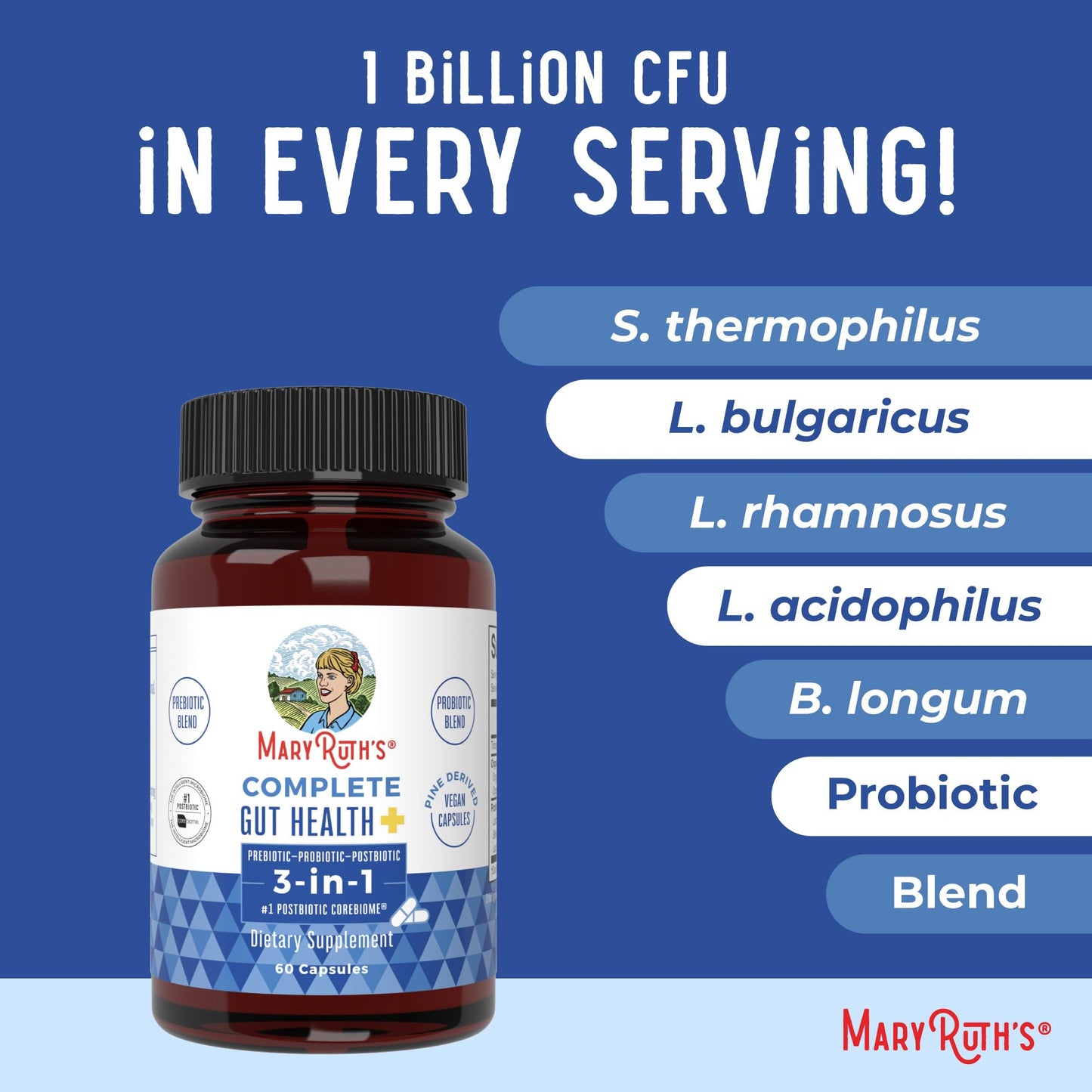 MaryRuth’s Complete Gut Health+ Capsules | 5-Probiotic Blend + Corebiome® Butyrate | Vegan GI Support | 30 Servings