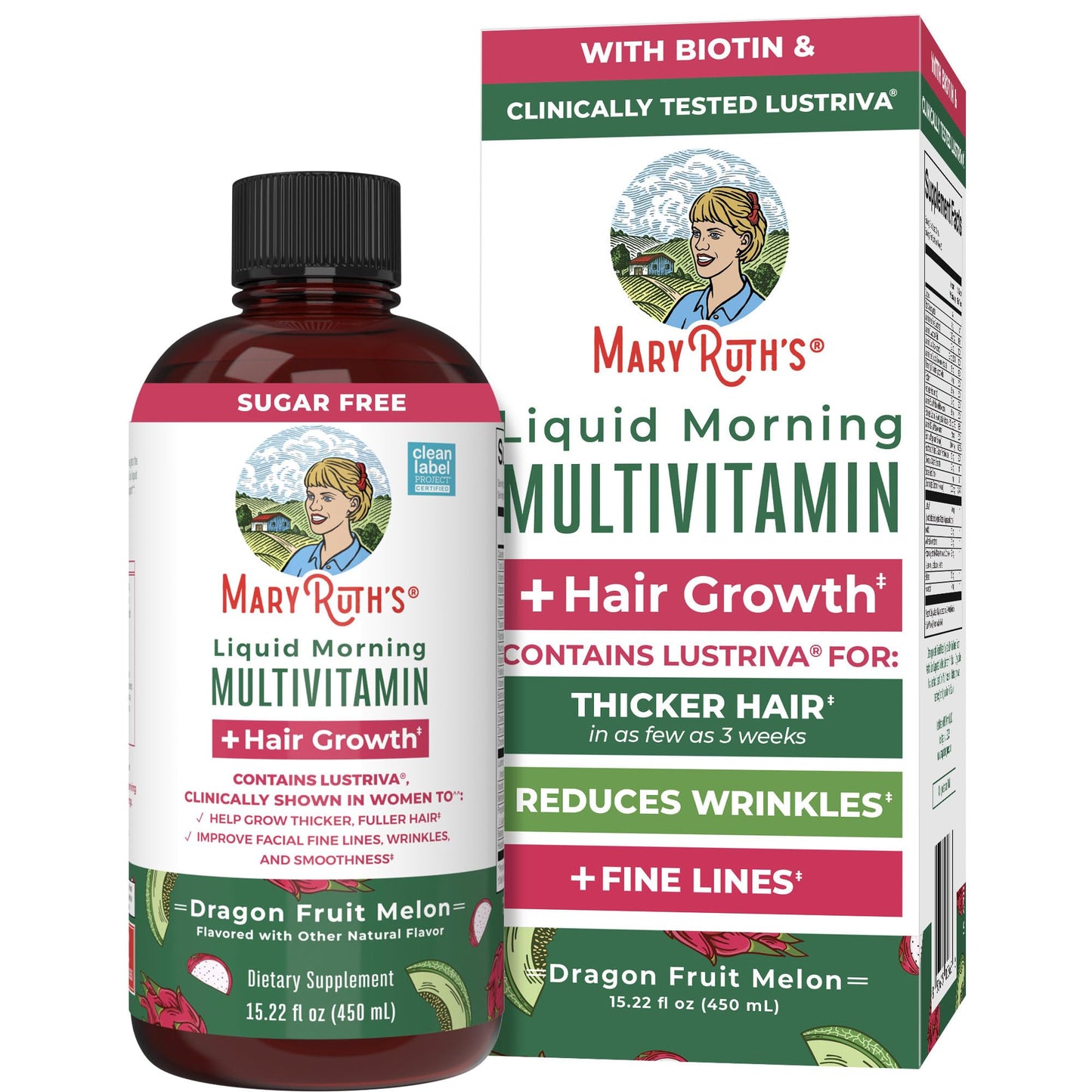 MaryRuths Liquid Multivitamin + Hair Growth | Lustriva Biotin 10000mcg | Thicker Hair & Skin Support | Ages 18+ | 15.22 Fl Oz
