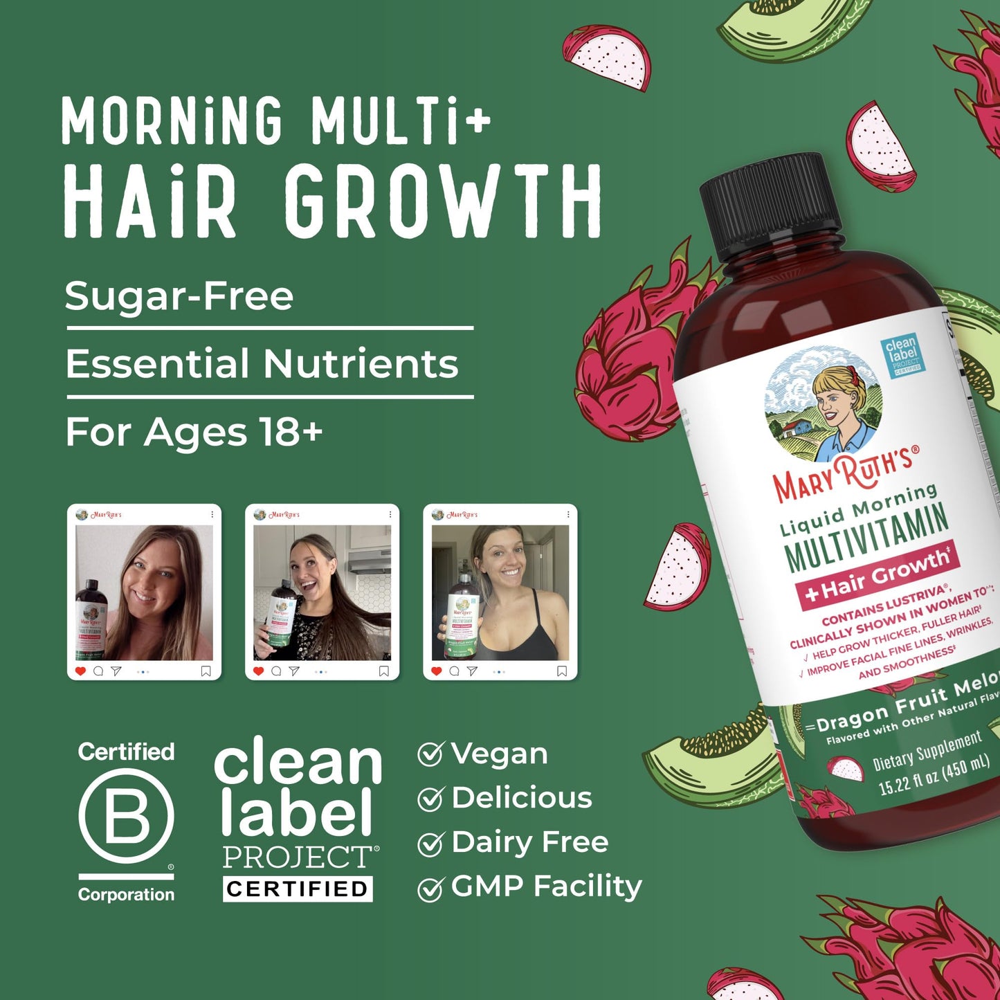 MaryRuths Liquid Multivitamin + Hair Growth | Lustriva Biotin 10000mcg | Thicker Hair & Skin Support | Ages 18+ | 15.22 Fl Oz