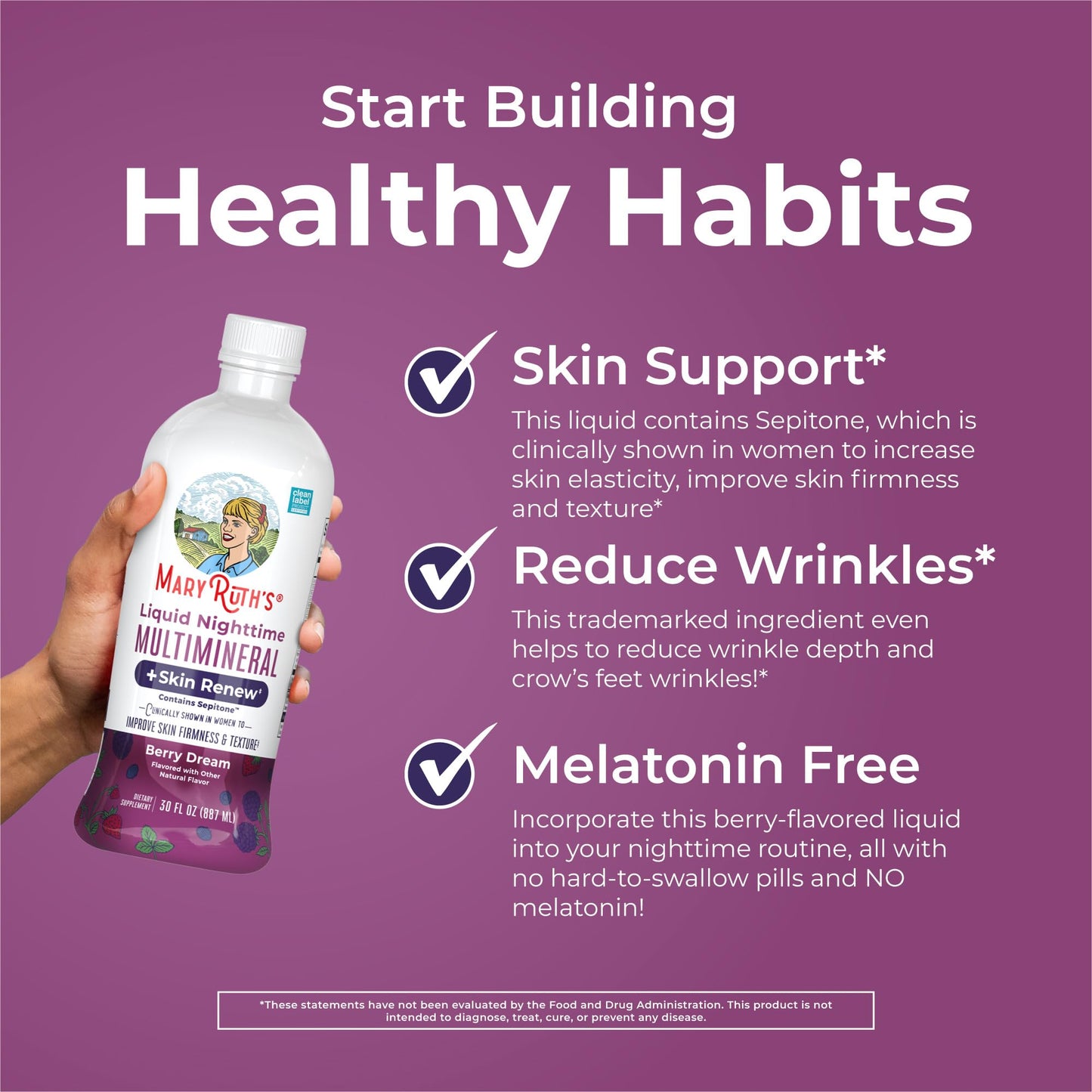 MaryRuth's Liquid Nighttime Multimineral + Skin Renew | Melatonin-Free, Sepitone Support | Vegan, 30 Servings