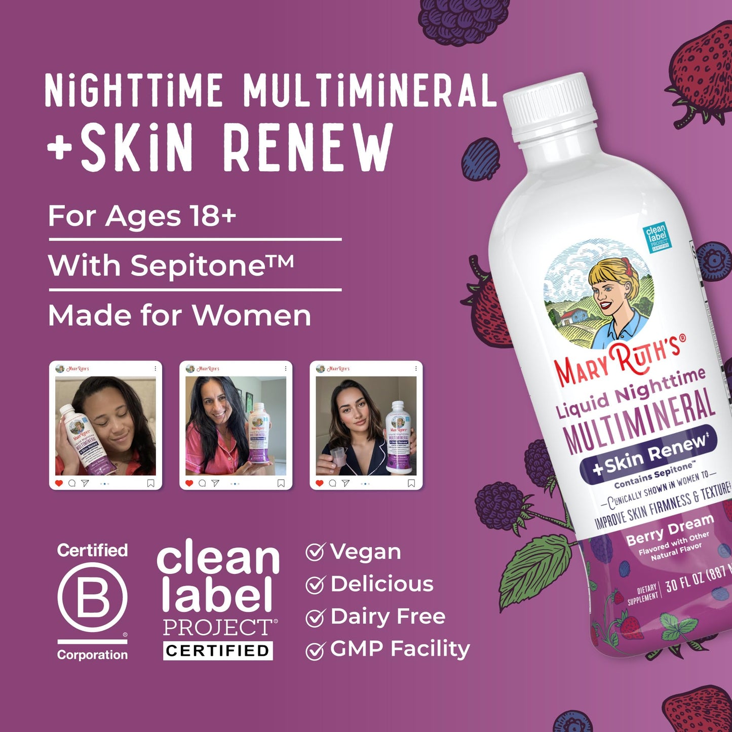 MaryRuth's Liquid Nighttime Multimineral + Skin Renew | Melatonin-Free, Sepitone Support | Vegan, 30 Servings