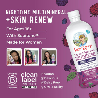 MaryRuth's Liquid Nighttime Multimineral + Skin Renew | Melatonin-Free, Sepitone Support | Vegan, 30 Servings