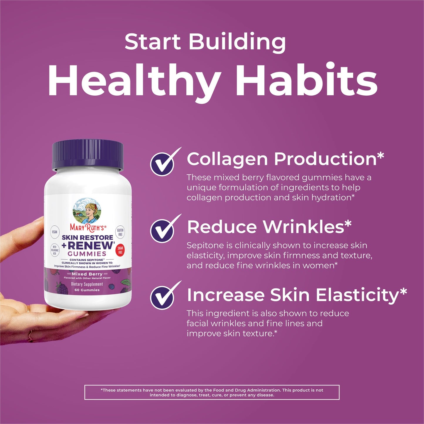 MaryRuth's Skin Restore + Renew Gummies with Hyaluronic Acid – Hydration, Elasticity & Skin Support | Vegan, Non-GMO | 60 Gummies