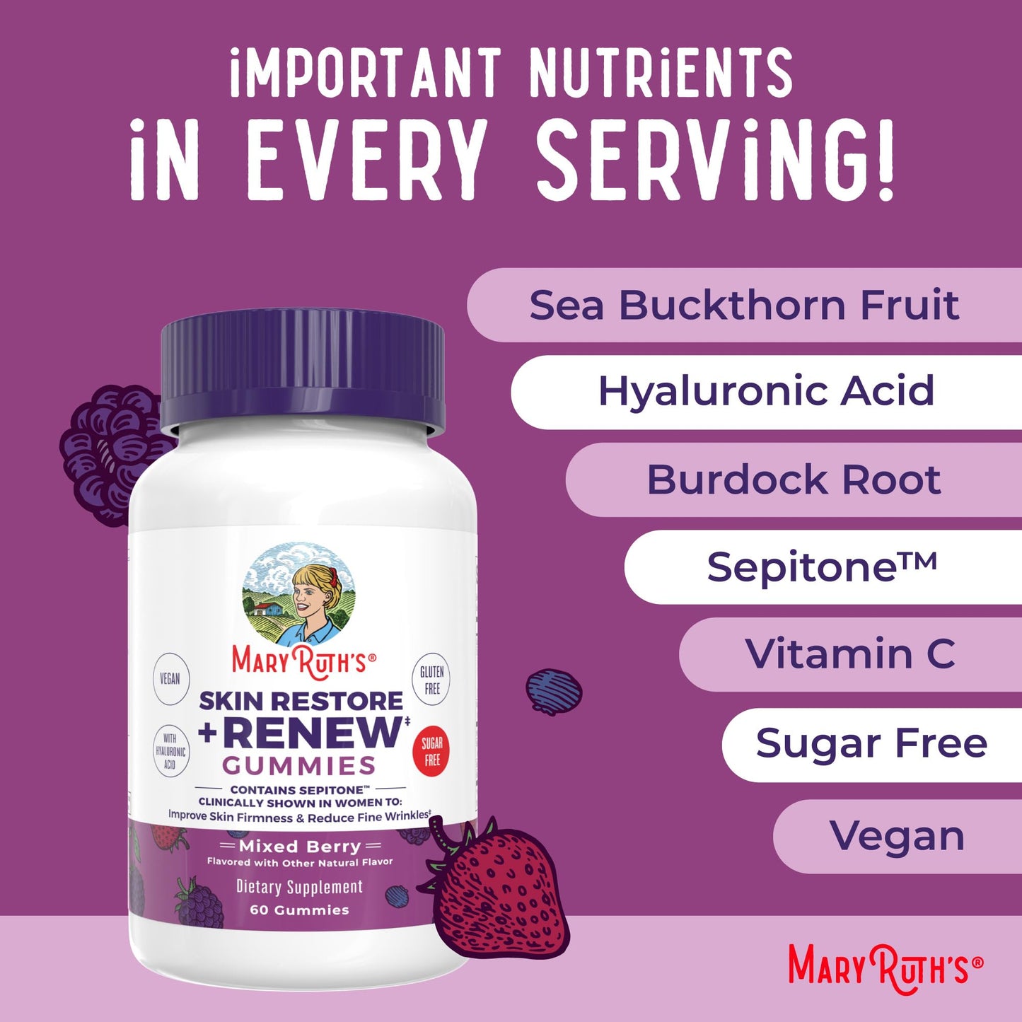 MaryRuth's Skin Restore + Renew Gummies with Hyaluronic Acid – Hydration, Elasticity & Skin Support | Vegan, Non-GMO | 60 Gummies