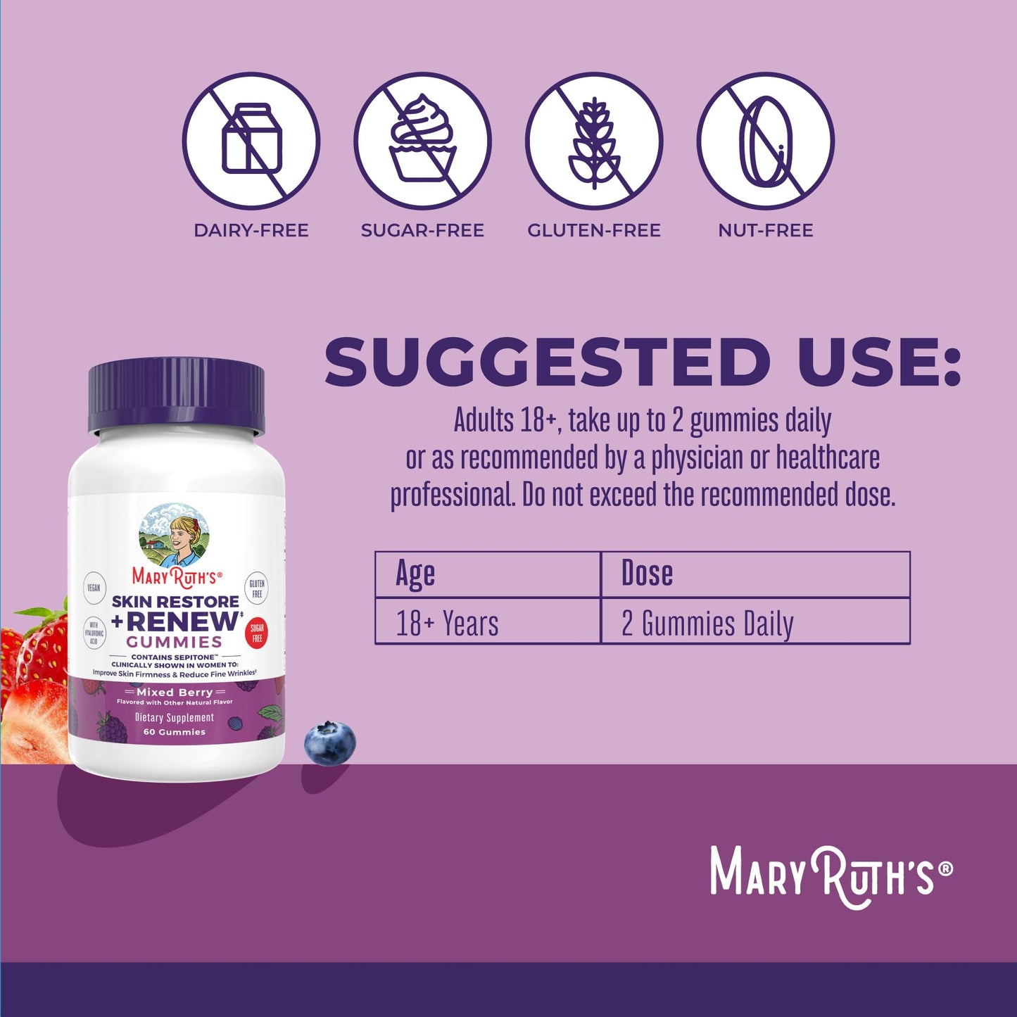 MaryRuth's Skin Restore + Renew Gummies with Hyaluronic Acid – Hydration, Elasticity & Skin Support | Vegan, Non-GMO | 60 Gummies