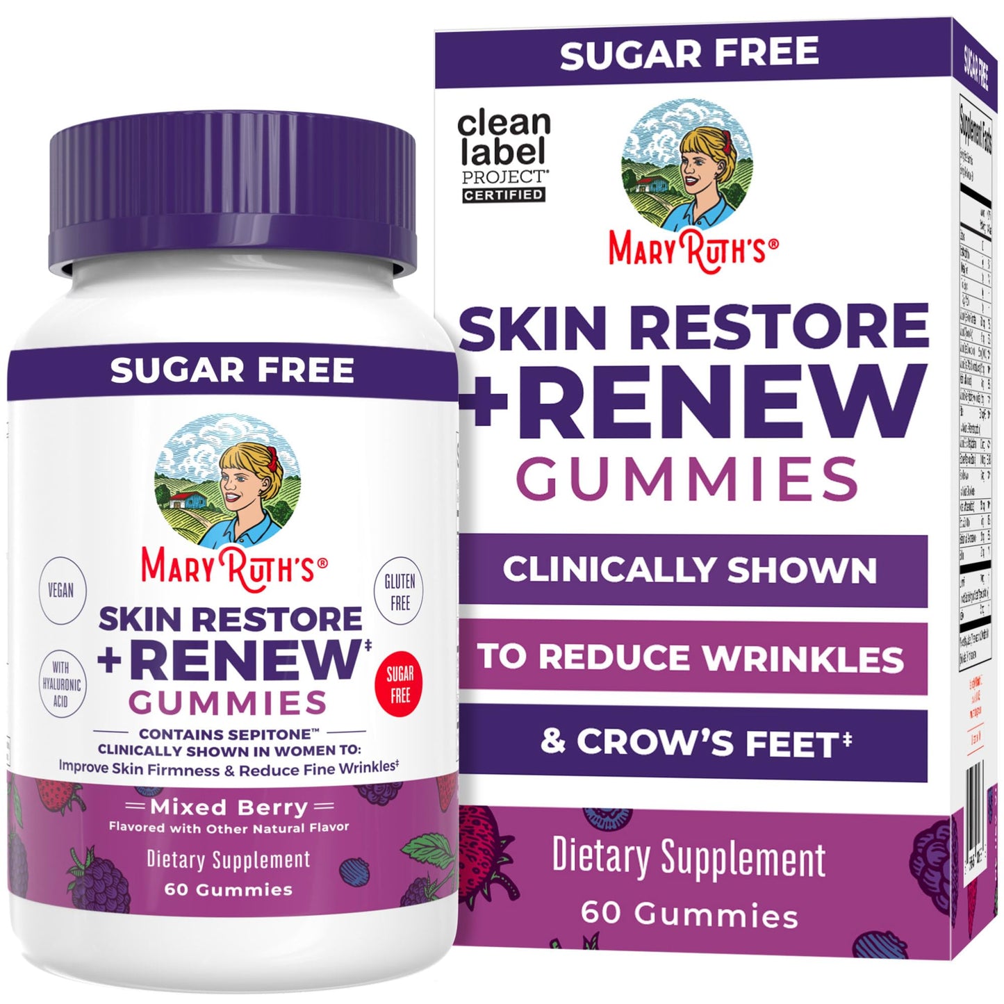 MaryRuth's Skin Restore + Renew Gummies with Hyaluronic Acid – Hydration, Elasticity & Skin Support | Vegan, Non-GMO | 60 Gummies
