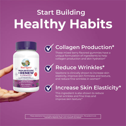 MaryRuth's Skin Restore + Renew Gummies with Hyaluronic Acid – Hydration, Elasticity & Skin Support | Vegan, Non-GMO | 60 Gummies