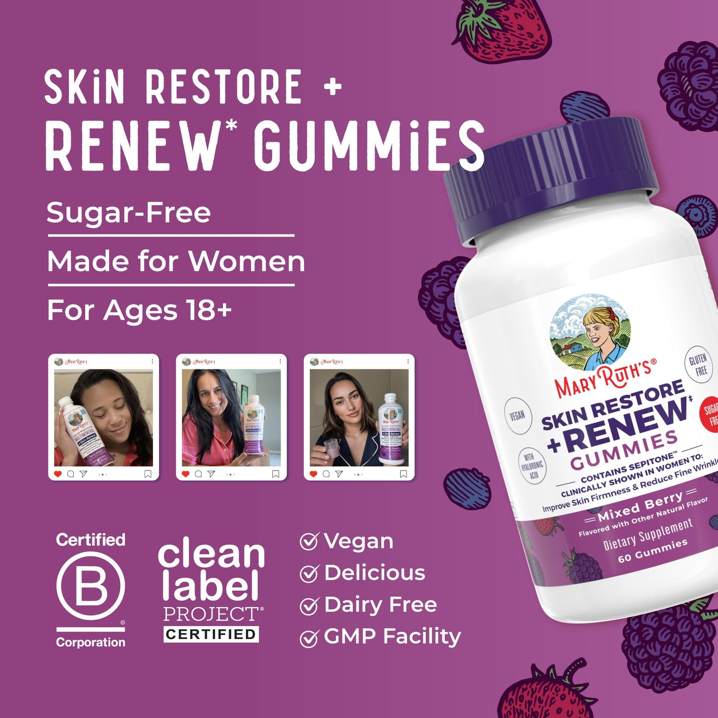 MaryRuth's Skin Restore + Renew Gummies with Hyaluronic Acid – Hydration, Elasticity & Skin Support | Vegan, Non-GMO | 60 Gummies