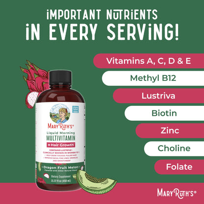 MaryRuths Liquid Multivitamin + Hair Growth | Lustriva Biotin 10000mcg | Thicker Hair & Skin Support | Ages 18+ | 15.22 Fl Oz