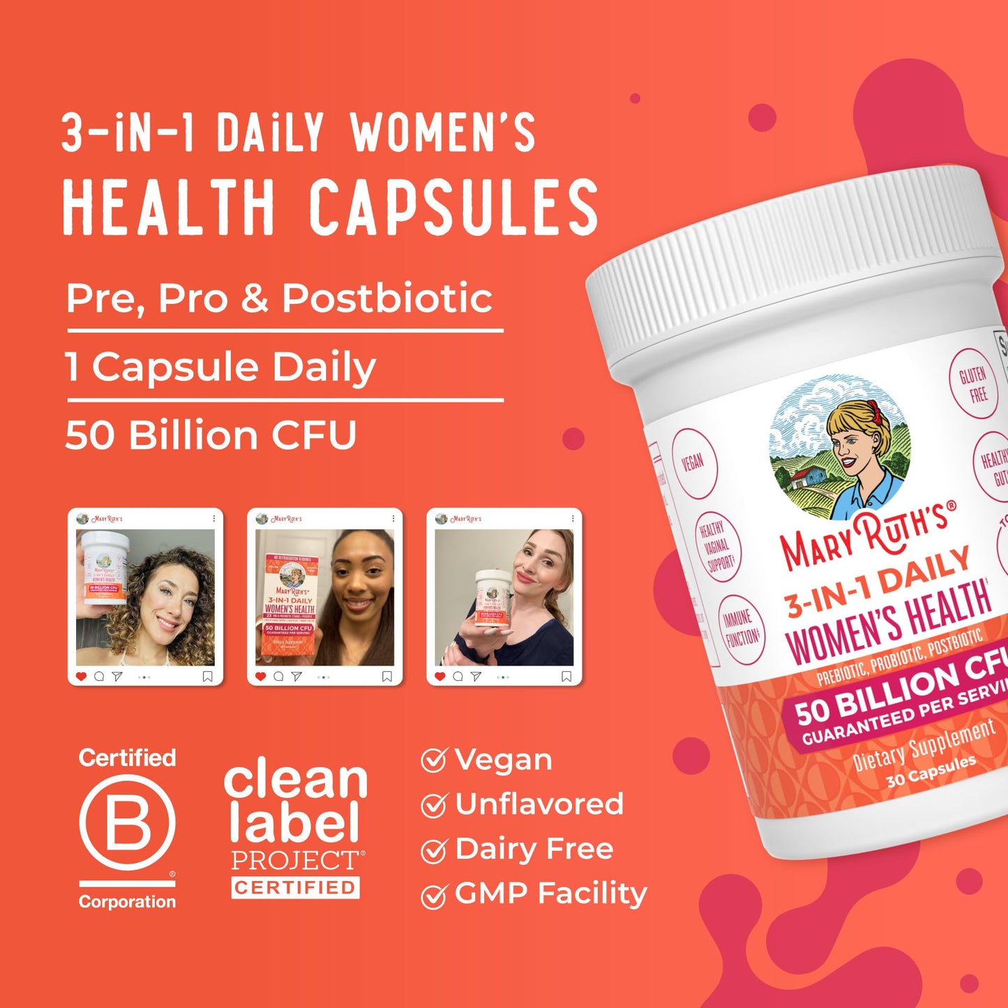MaryRuth Organics 3-in-1 Daily Health Probiotics for Women | 50B CFU, 23 Strains, Vegan | 30 Count
