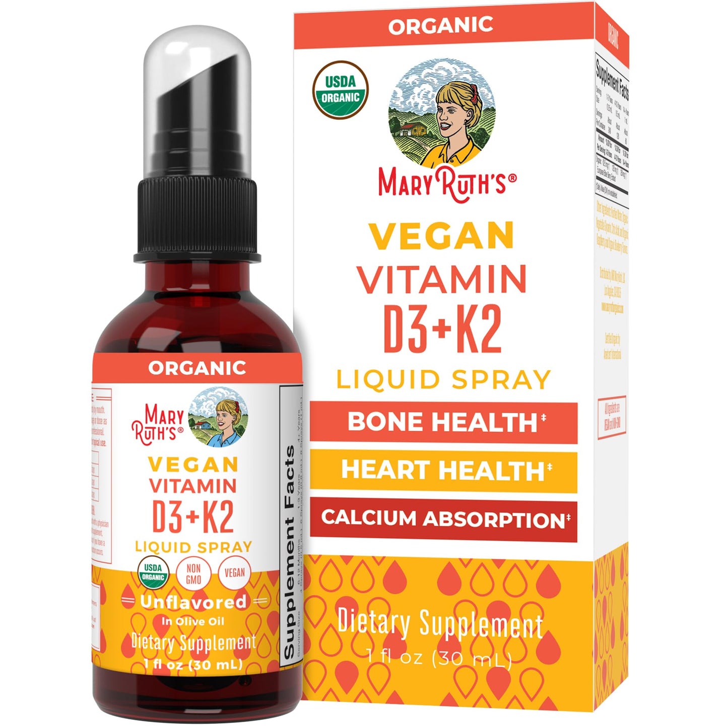 MaryRuth's Vitamin D3 + K2 Liquid Spray | Vegan, Organic, Gluten Free | 1 fl oz
