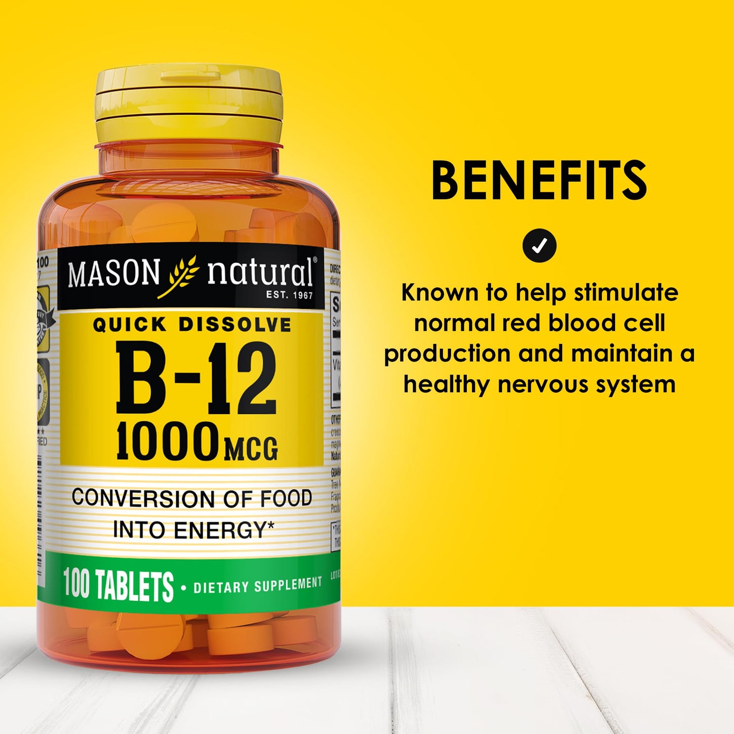 Mason Natural Vitamin B12 1000 mcg Quick Dissolve Tablets | Fast Absorption, Supports Energy & Nerve Function, 100 Tablets