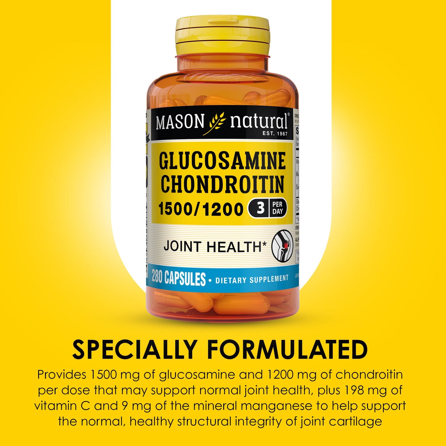MASON NATURAL Glucosamine Chondroitin 1500/1200 with Vitamin C – 280 Capsules (3 Month Supply)