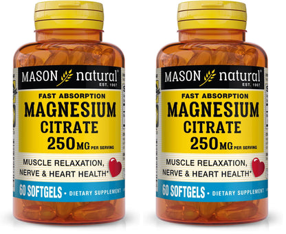 Mason Natural Magnesium Citrate 250 mg Softgels – 30 Day Supply (Pack of 2)
