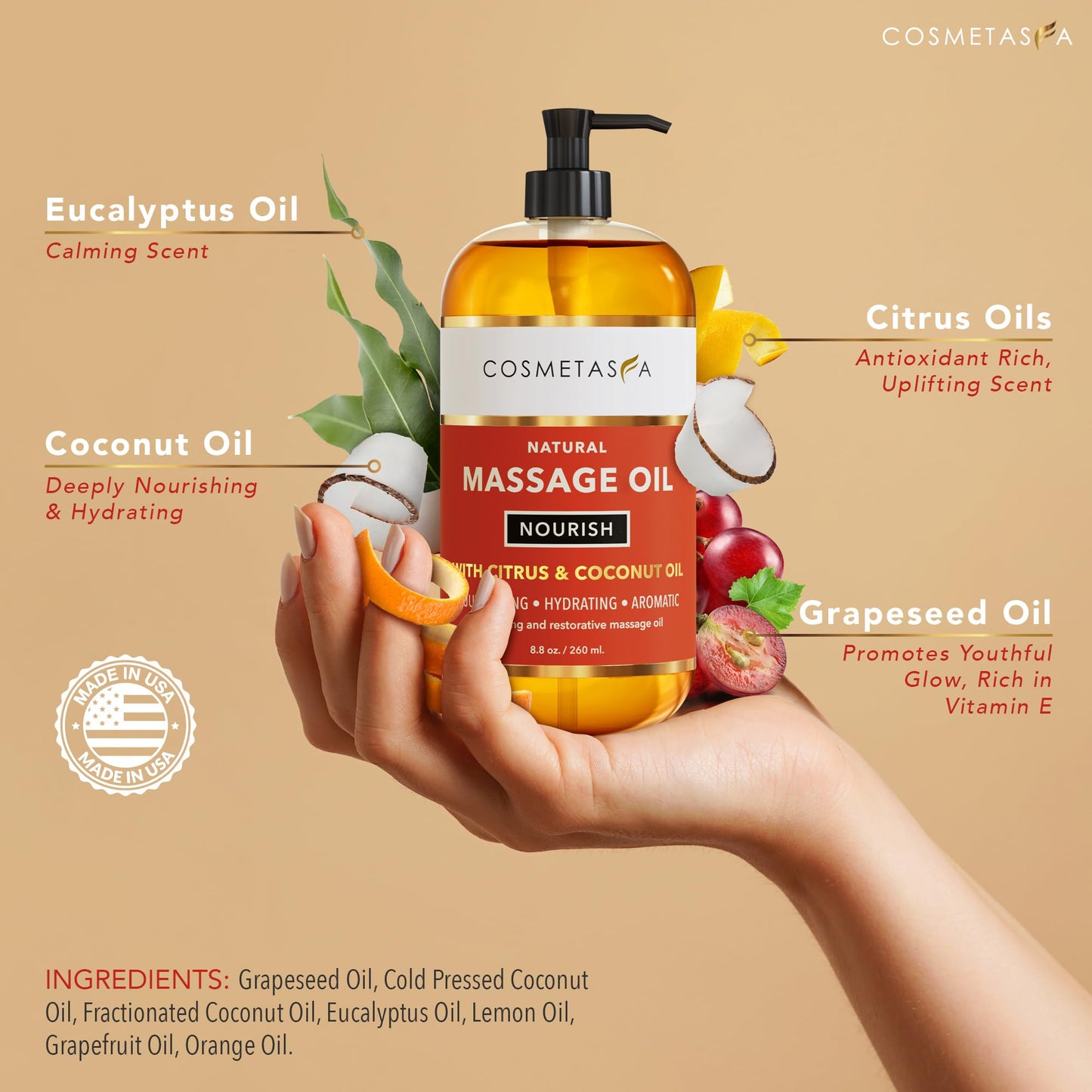 Natural Nourishing Massage Oil with Roller Ball – Citrus & Coconut, 8.8 oz