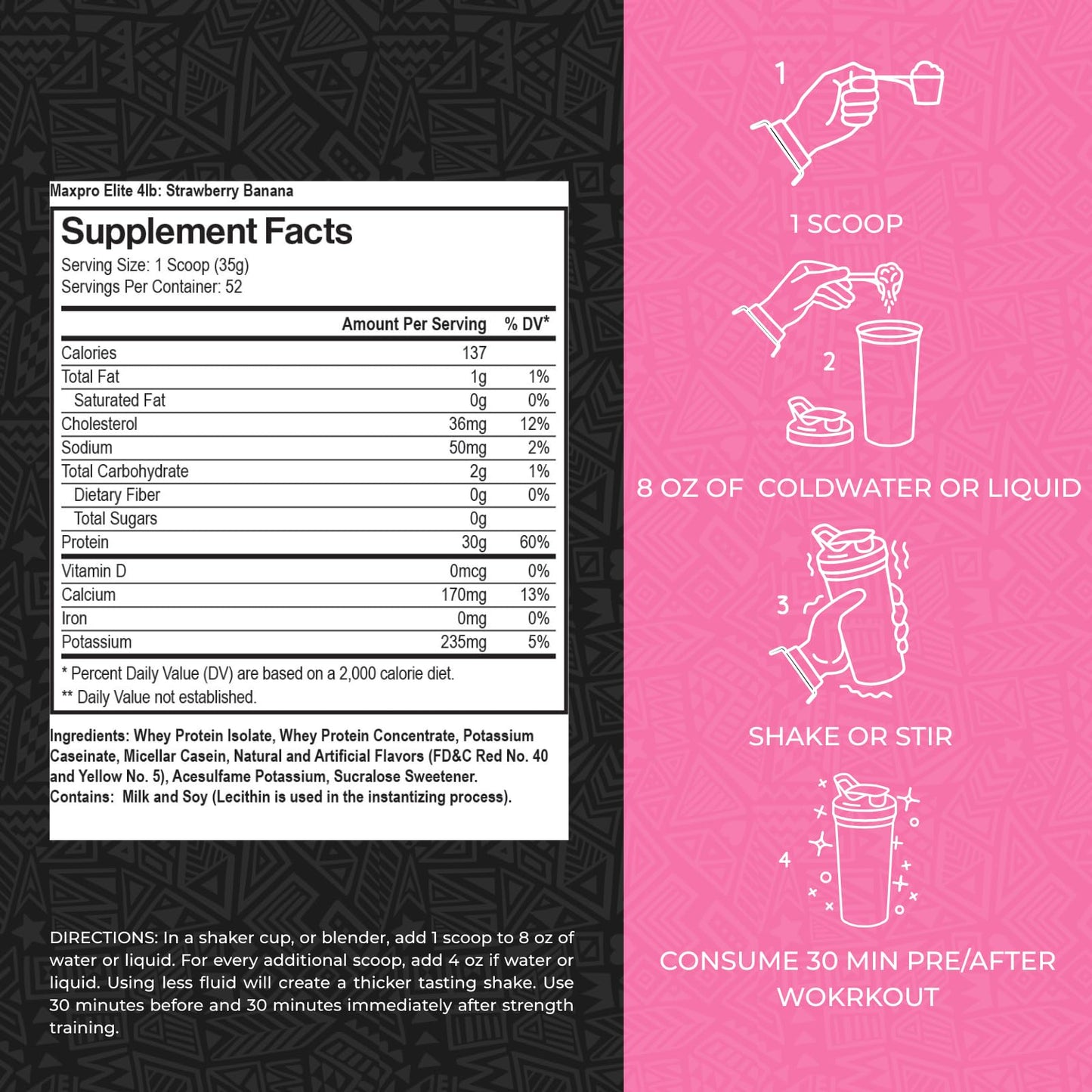 Max Muscle MaxPro Elite Whey Protein Powder – 30g Protein, 0g Sugar, 6.6g BCAAs, Strawberry Banana (4lb)