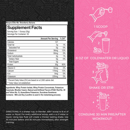 Max Muscle MaxPro Elite Whey Protein Powder – 30g Protein, 0g Sugar, 6.6g BCAAs, Strawberry Banana (4lb)