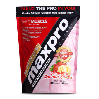 Max Muscle MaxPro Elite Whey Protein Powder – 30g Protein, 0g Sugar, 6.6g BCAAs, Strawberry Banana (4lb)