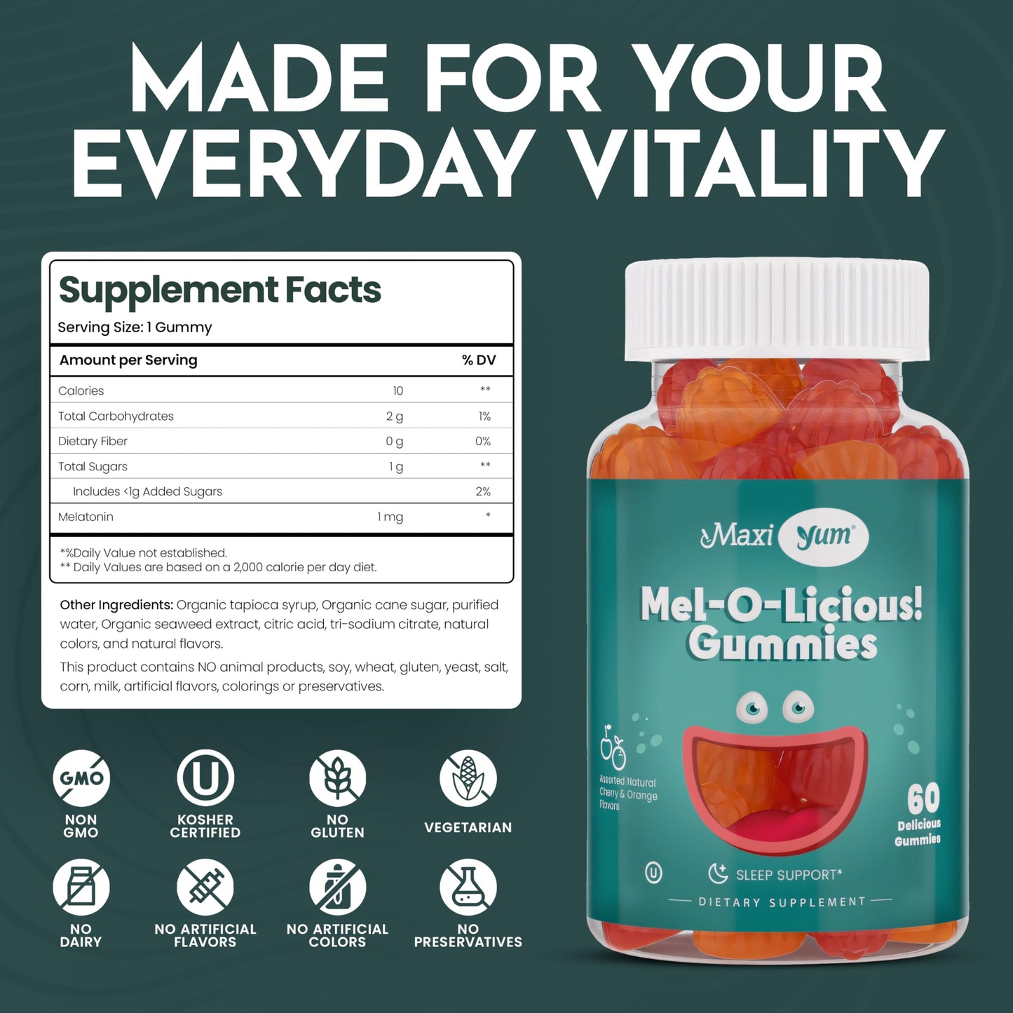 Maxi Health 1mg Melatonin Gummies – Kids Sleep Aid with Cherry & Orange Flavor (60 Count)