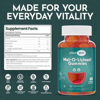 Maxi Health 1mg Melatonin Gummies – Kids Sleep Aid with Cherry & Orange Flavor (60 Count)