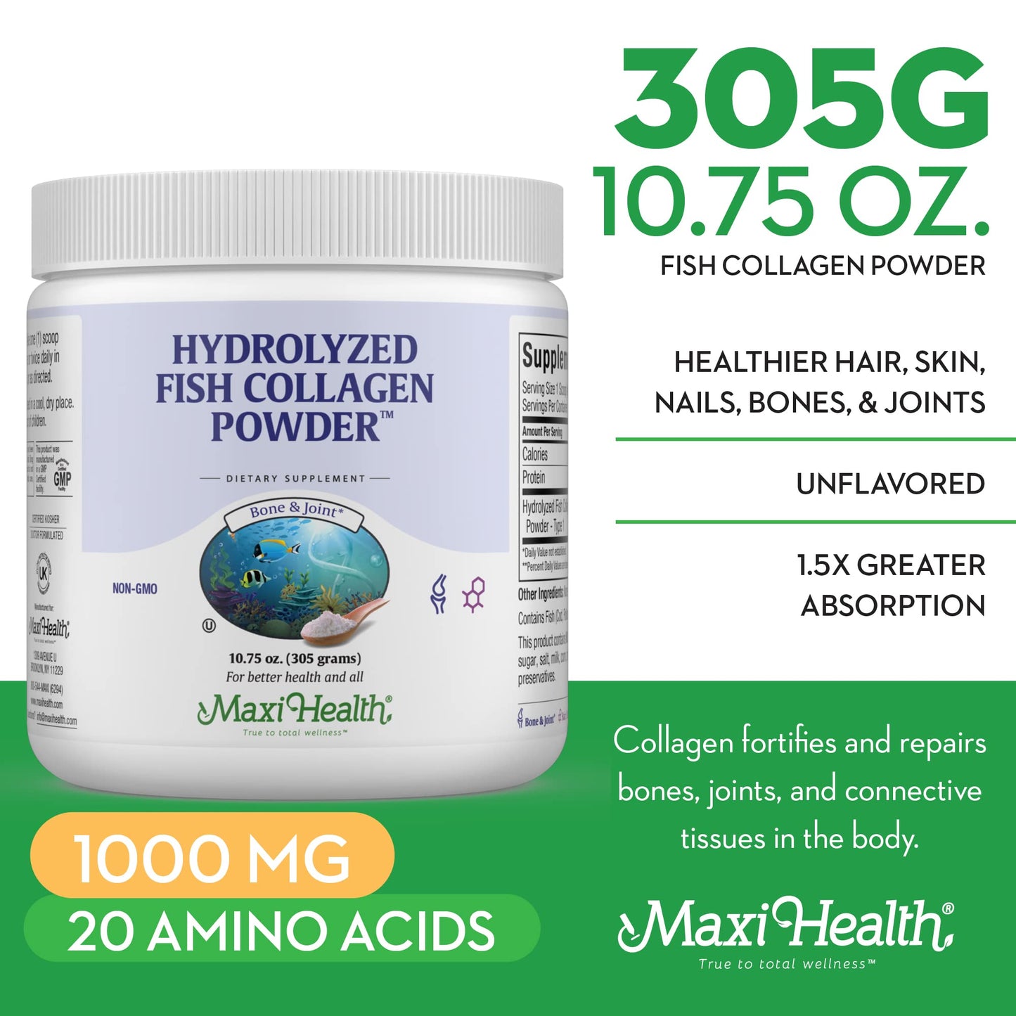 Maxi Health Collagen Peptides Powder – Marine Type I, Unflavored, Wild-Caught (10.75 oz) for Joints, Skin & Nails
