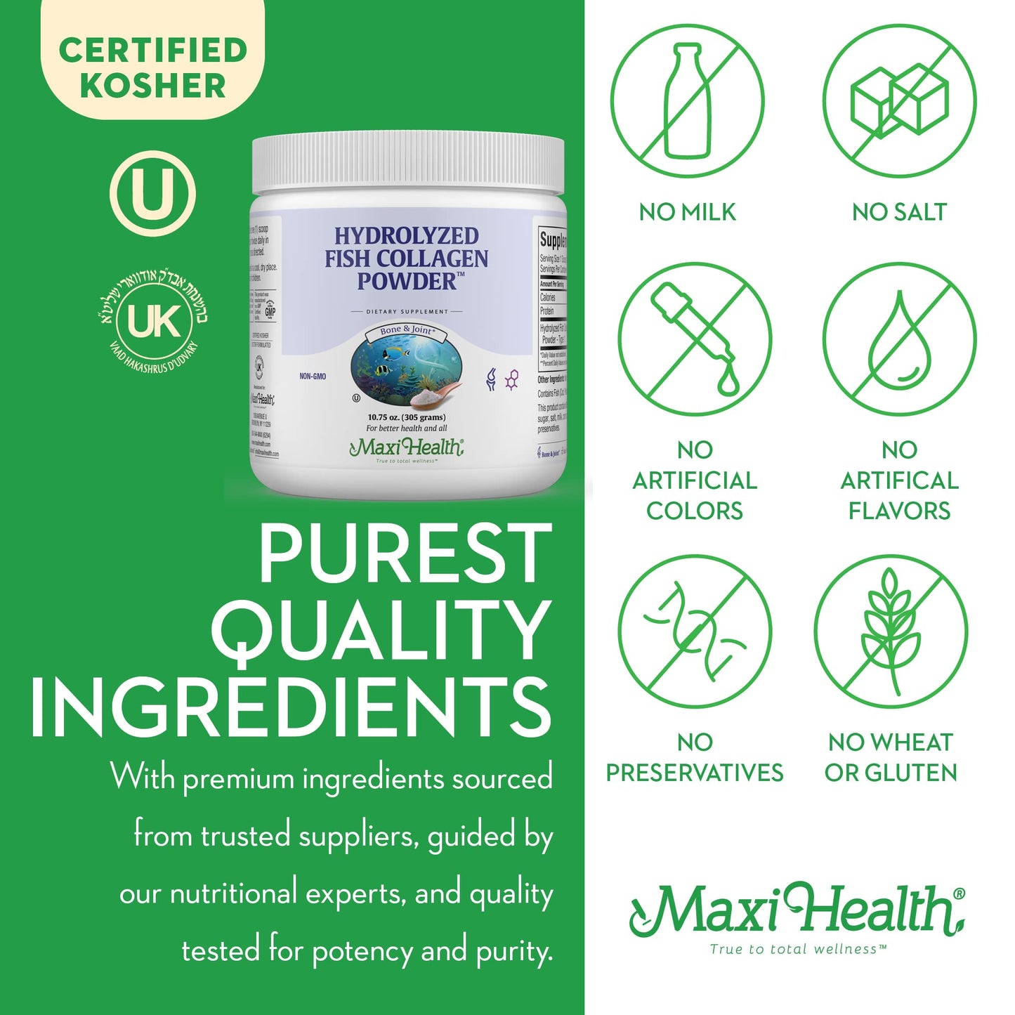 Maxi Health Collagen Peptides Powder – Marine Type I, Unflavored, Wild-Caught (10.75 oz) for Joints, Skin & Nails